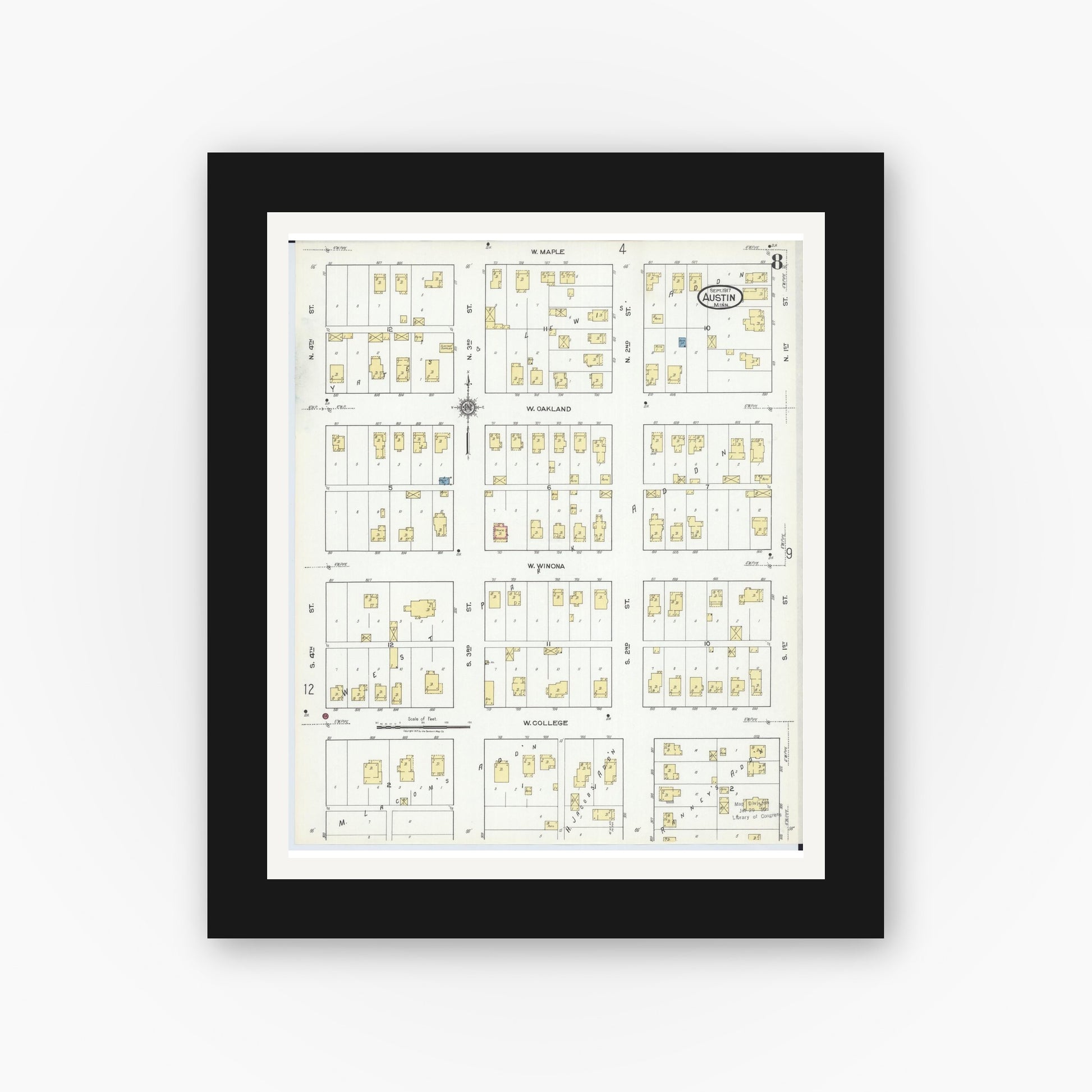 Old map wall art mockup — black gallery frame with white mat — Sanborn Fire Insurance Map from Austin, Mower County, Minnesota (1917), Sheet #0008