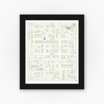 Old map wall art mockup — black gallery frame with white mat — Sanborn Fire Insurance Map from Austin, Mower County, Minnesota (1917), Sheet #0008
