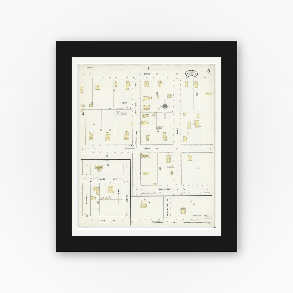 Old map wall art mockup — black gallery frame with white mat — Sanborn Fire Insurance Map from Eustis, Lake County, Florida (1912), Sheet #0005
