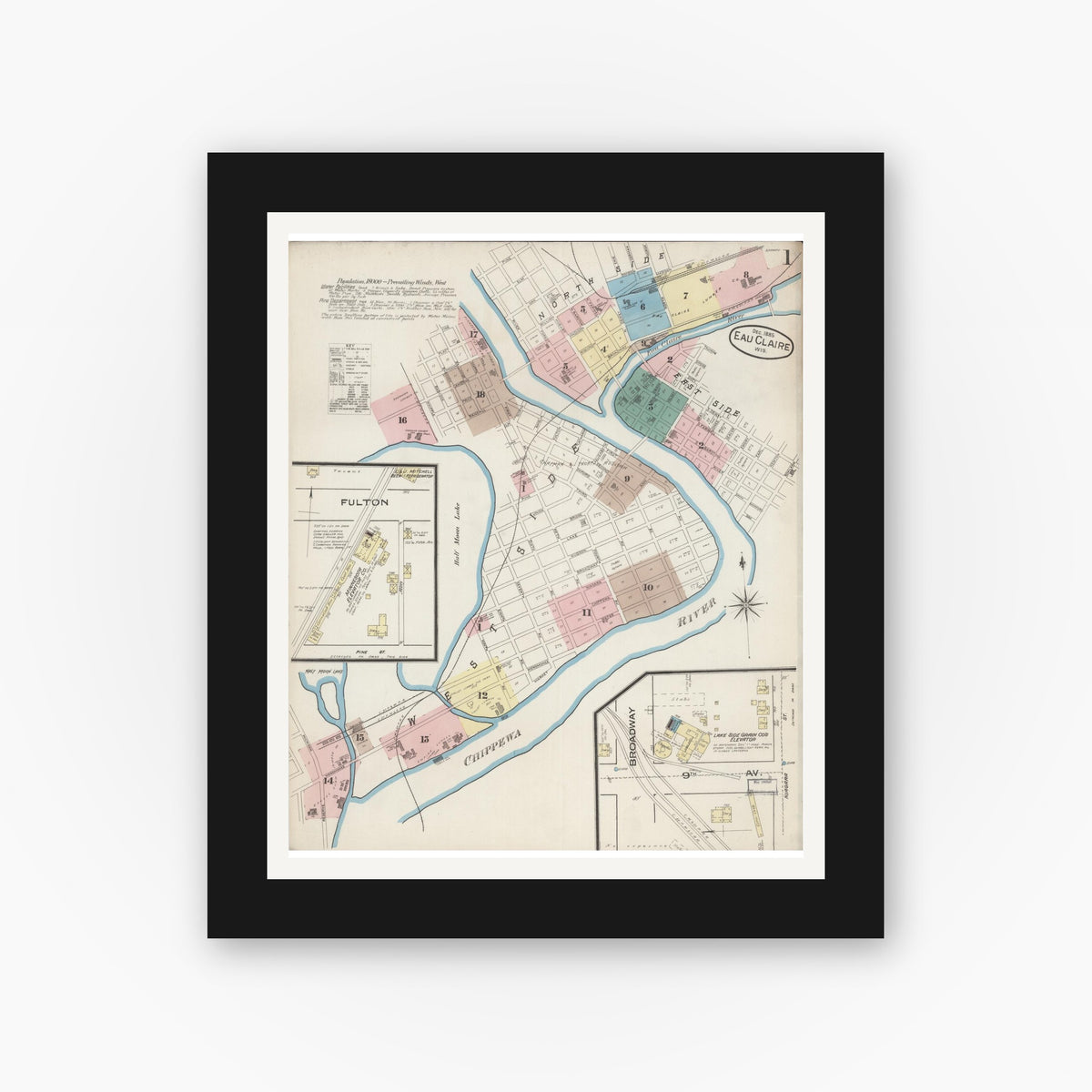 Old map wall art mockup — black gallery frame with white mat — Sanborn Fire Insurance Map from Eau Claire, Eau Claire County, Wisconsin (1885) - Complete Map Set