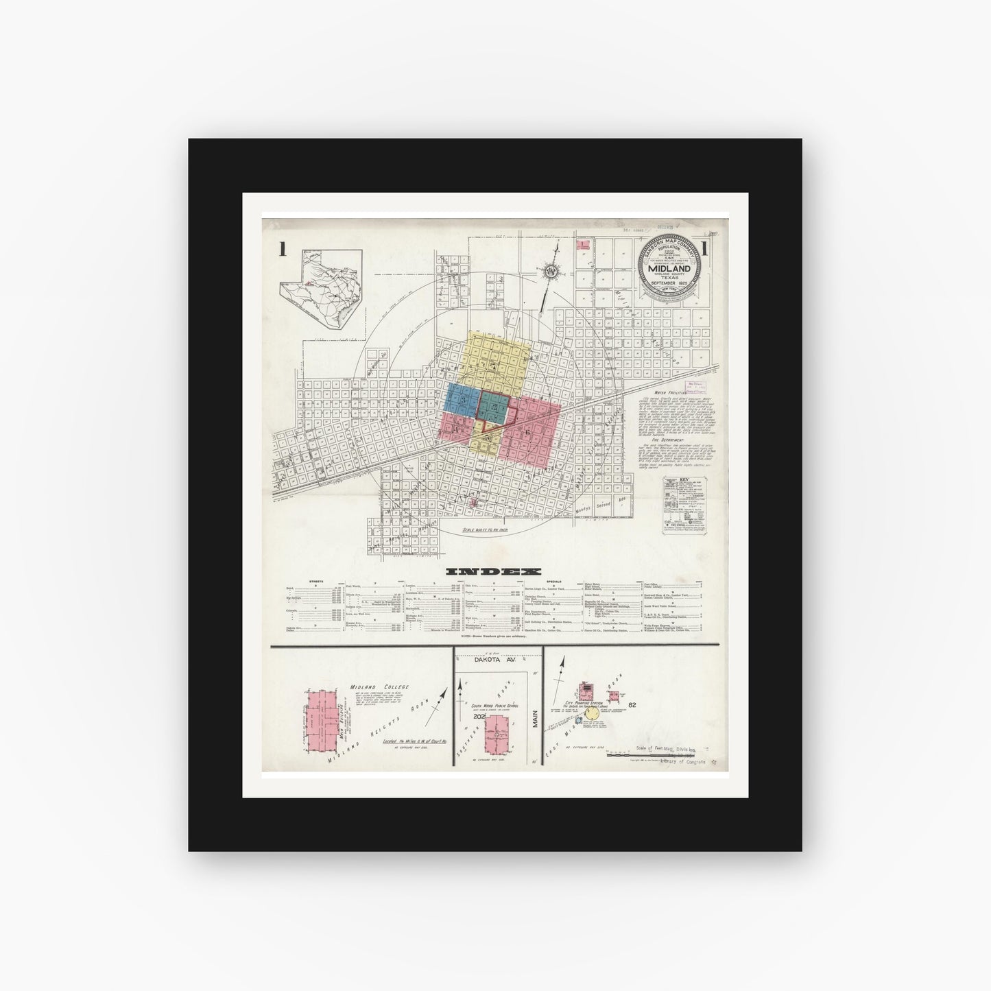 Old map wall art mockup — black gallery frame with white mat — Sanborn Fire Insurance Map from Midland, Midland County, Texas (1925) - Complete Map Set