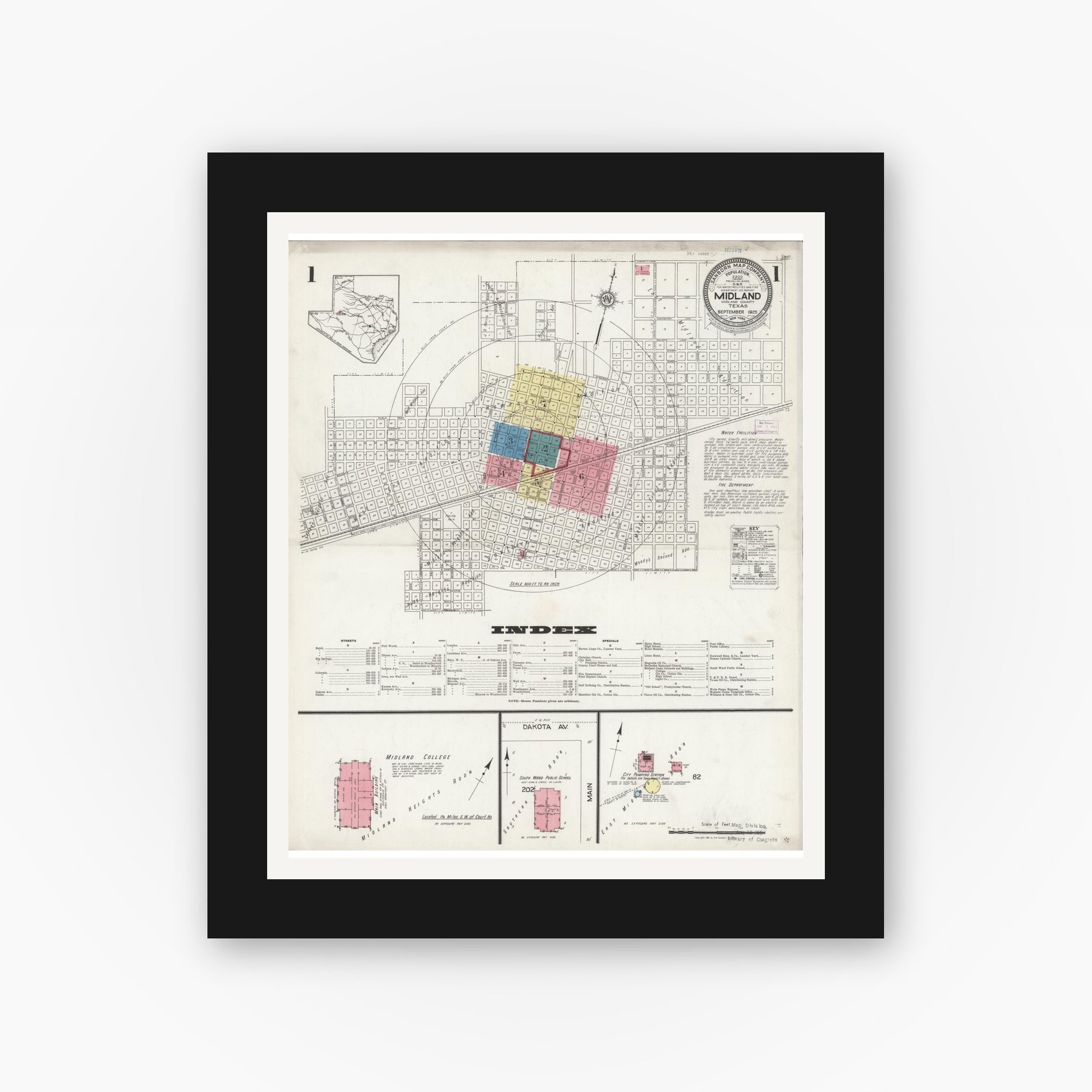 Old map wall art mockup — black gallery frame with white mat — Sanborn Fire Insurance Map from Midland, Midland County, Texas (1925) - Complete Map Set