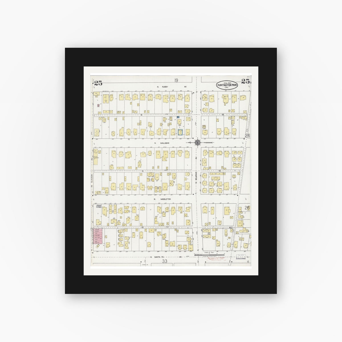 Old map wall art mockup — black gallery frame with white mat — Sanborn Fire Insurance Map from Huntington Park, Los Angeles County, California (1924), Sheet #0025