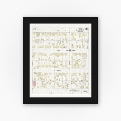Old map wall art mockup — black gallery frame with white mat — Sanborn Fire Insurance Map from Huntington Park, Los Angeles County, California (1924), Sheet #0025