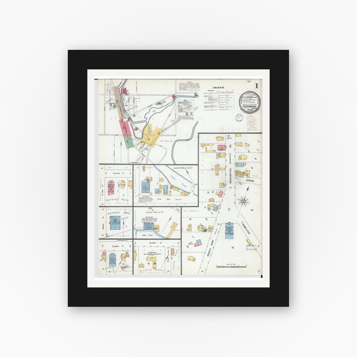 Old map wall art mockup — black gallery frame with white mat — Sanborn Fire Insurance Map from Cedarburg, Ozaukee County, Wisconsin (1900) - Complete Map Set