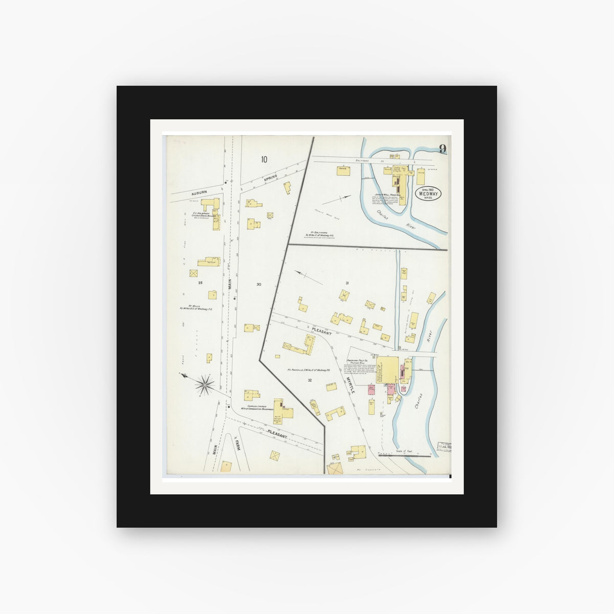Old map wall art mockup — black gallery frame with white mat — Sanborn Fire Insurance Map from Medway, Norfolk County, Massachusetts (1903), Sheet #0009