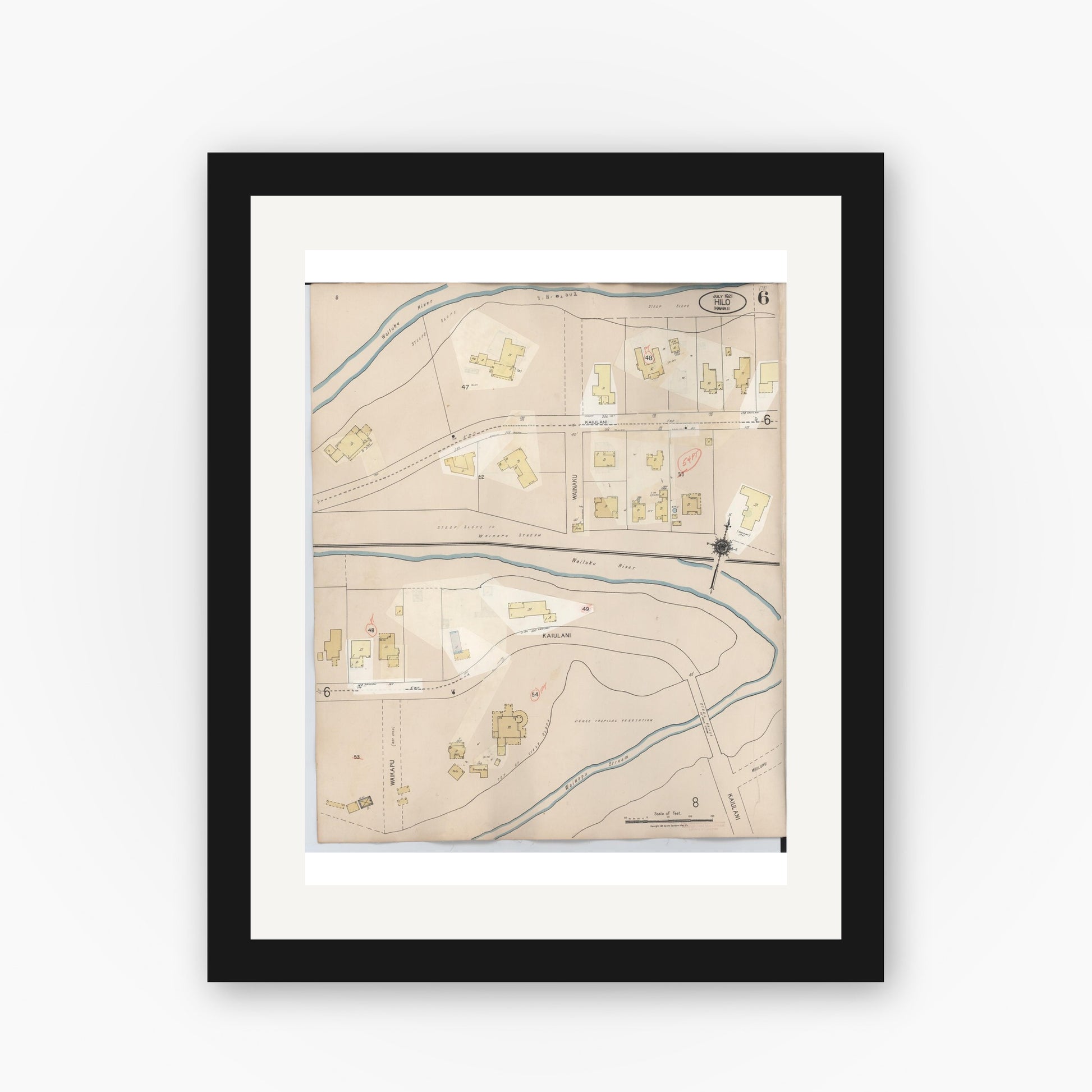 Old map wall art mockup — black gallery frame with white mat — Sanborn Fire Insurance Map from Hilo, Hawaii County, Hawaii (1957), Sheet #0006