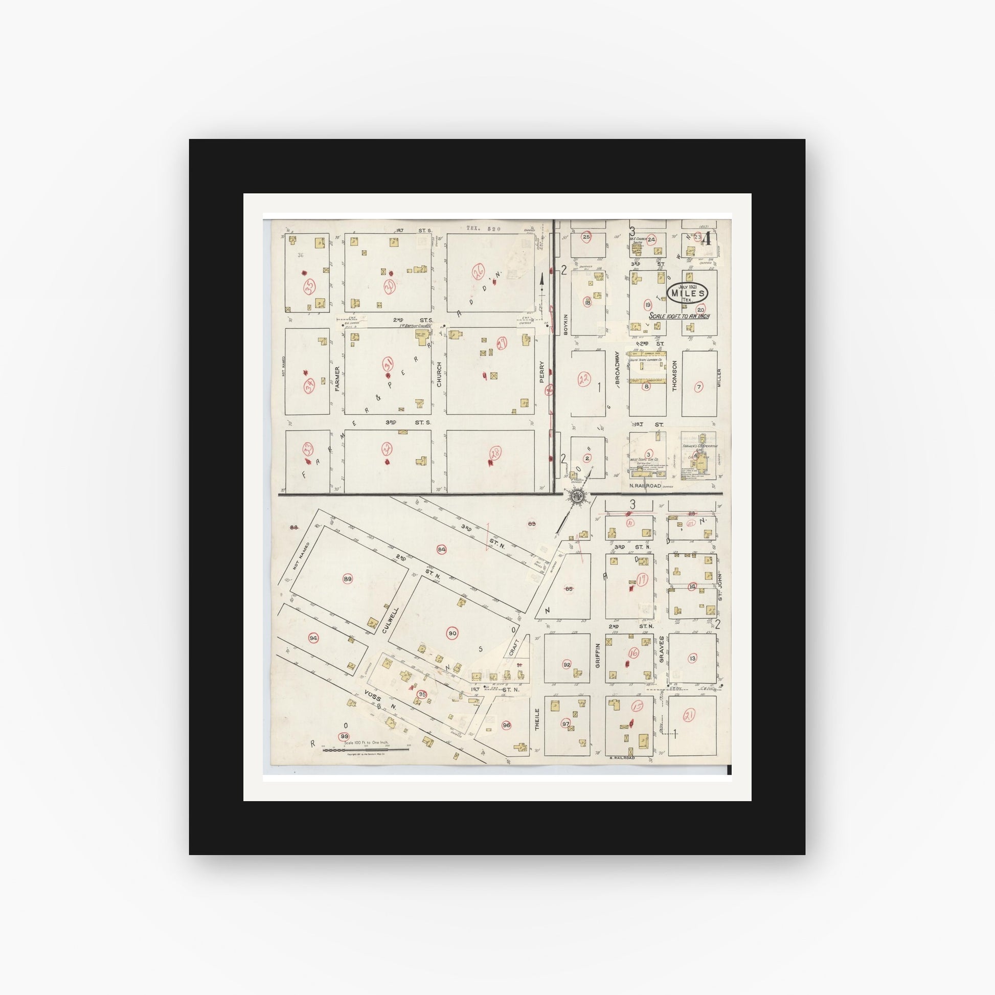 Old map wall art mockup — black gallery frame with white mat — Sanborn Fire Insurance Map from Miles, Runnels County, Texas (1936), Sheet #0004