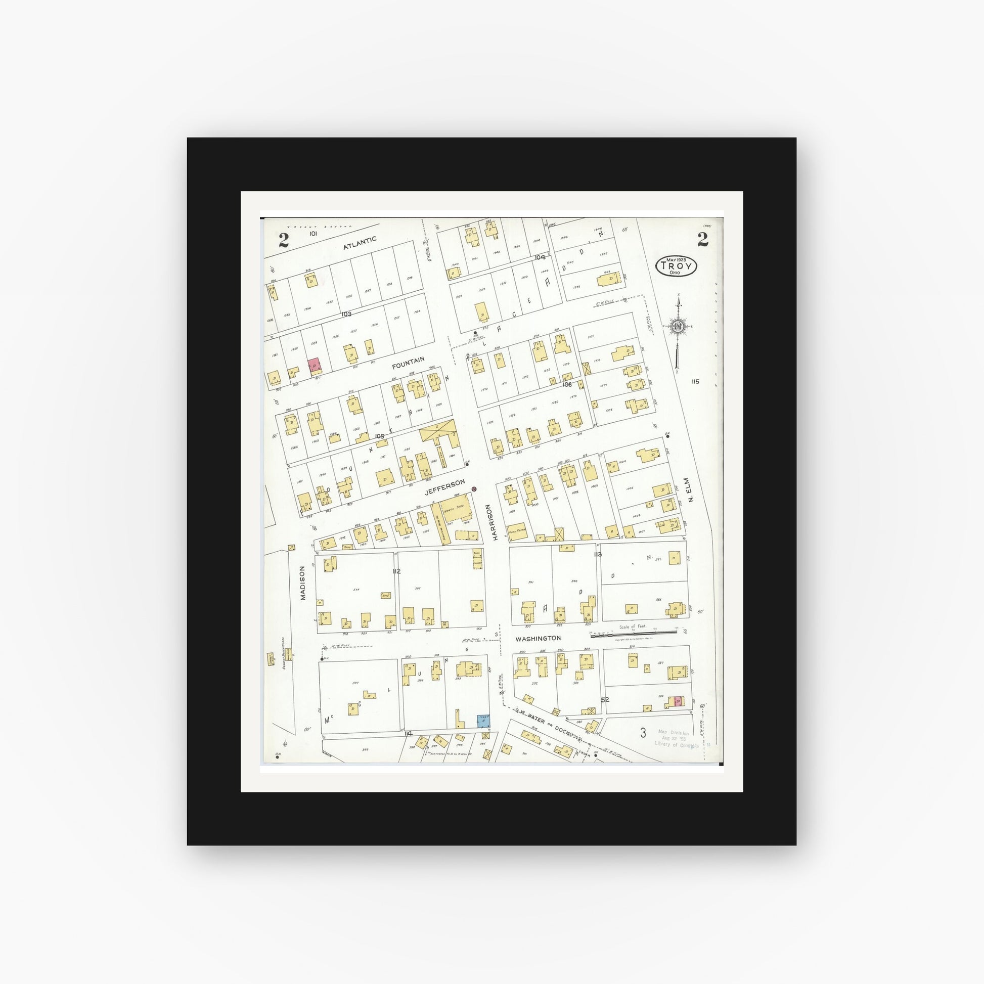 Old map wall art mockup — black gallery frame with white mat — Sanborn Fire Insurance Map from Troy, Miami County, Ohio (1923), Sheet #0002