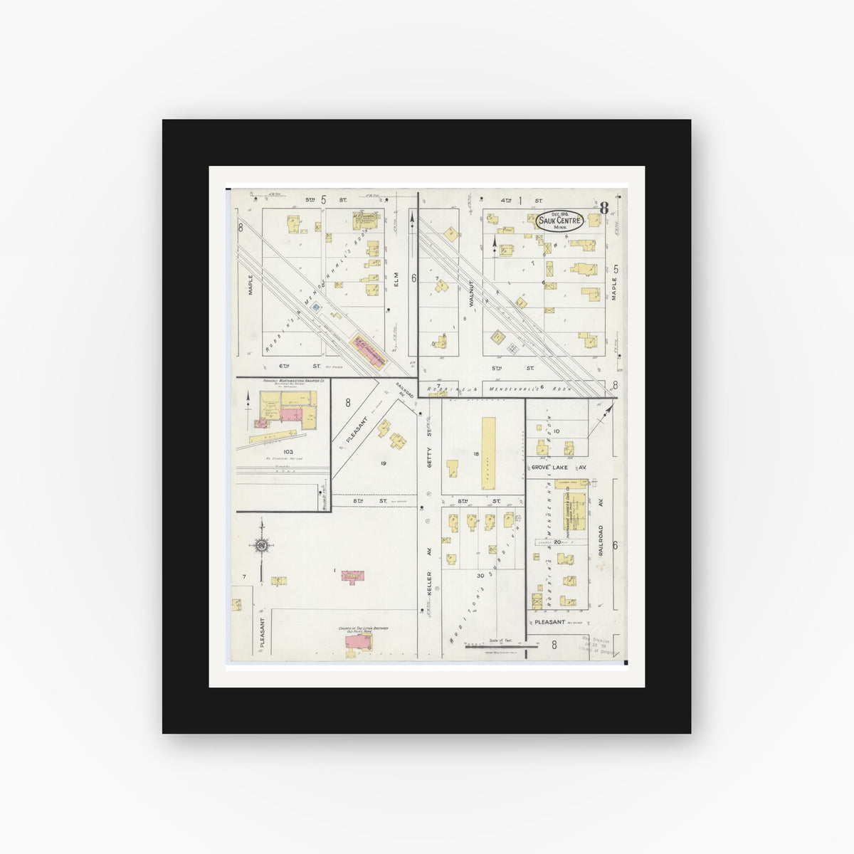 Old map wall art mockup — black gallery frame with white mat — Sanborn Fire Insurance Map from Sauk Centre, Stearns County, Minnesota (1916), Sheet #0008
