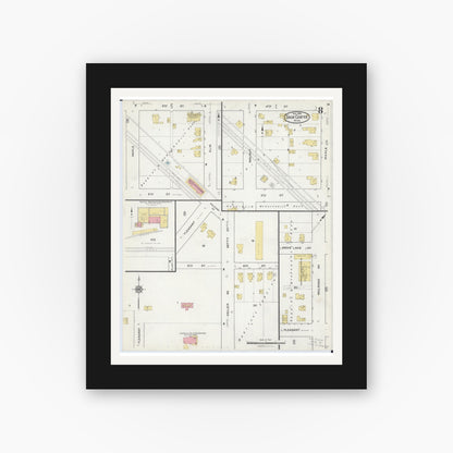 Old map wall art mockup — black gallery frame with white mat — Sanborn Fire Insurance Map from Sauk Centre, Stearns County, Minnesota (1916), Sheet #0008