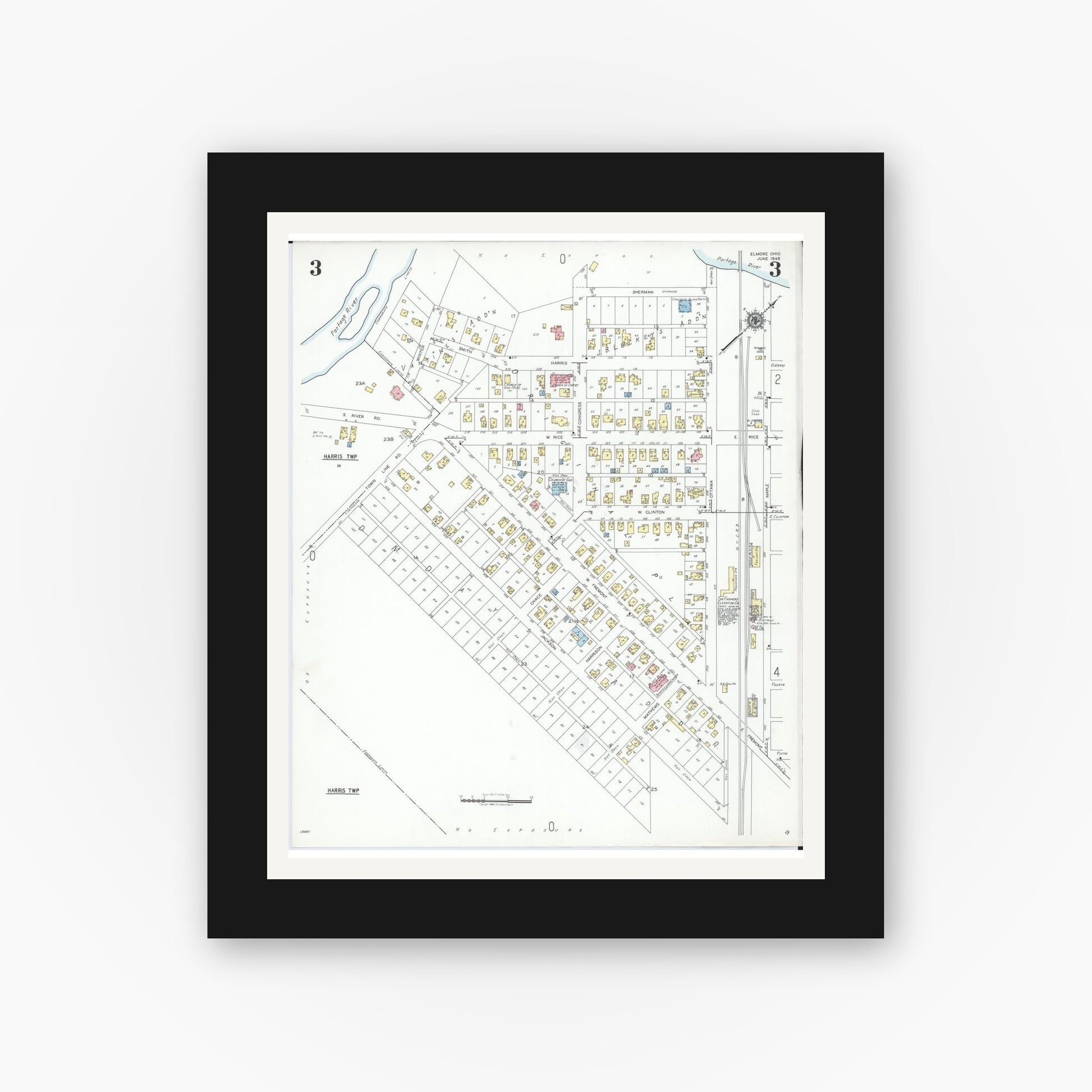 Old map wall art mockup — black gallery frame with white mat — Sanborn Fire Insurance Map from Elmore, Ottawa County, Ohio (1948), Sheet #0003