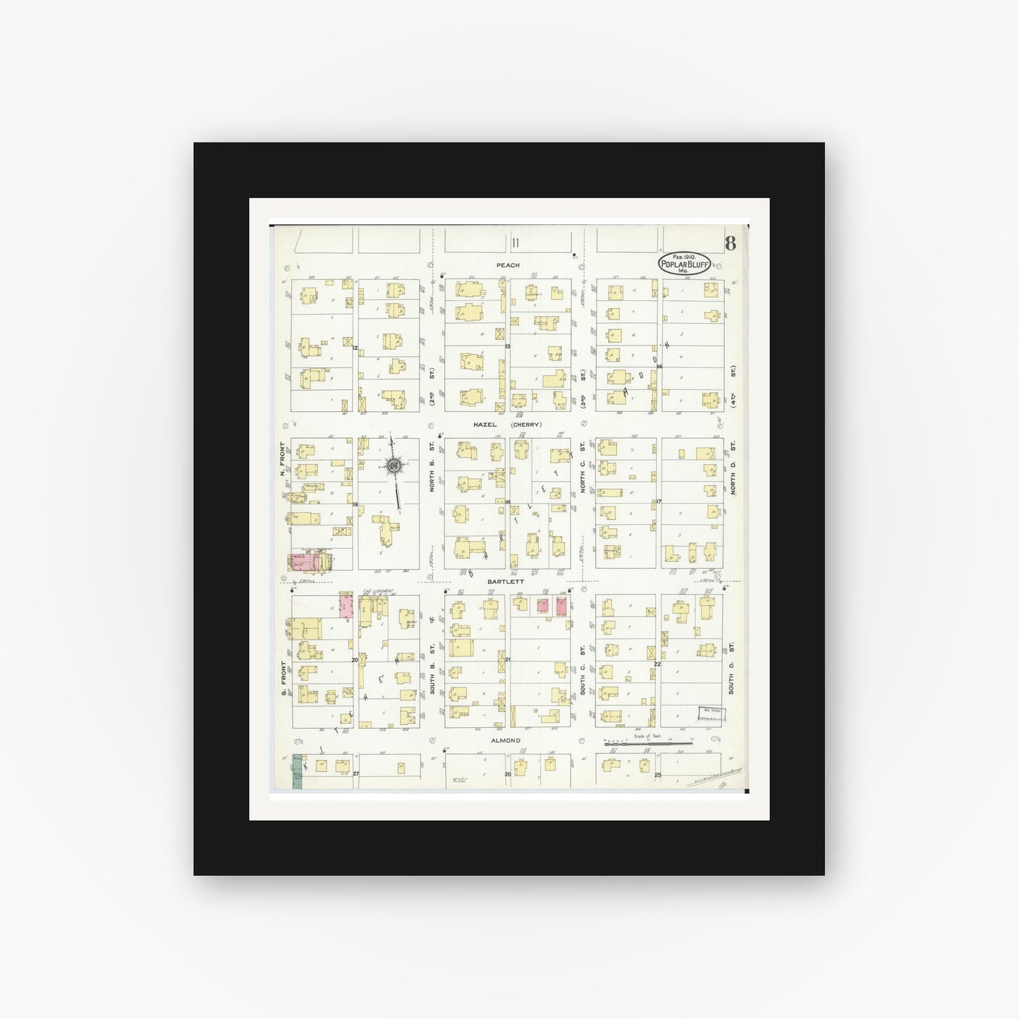 Old map wall art mockup — black gallery frame with white mat — Sanborn Fire Insurance Map from Poplar Bluff, Butler County, Missouri (1910), Sheet #0008