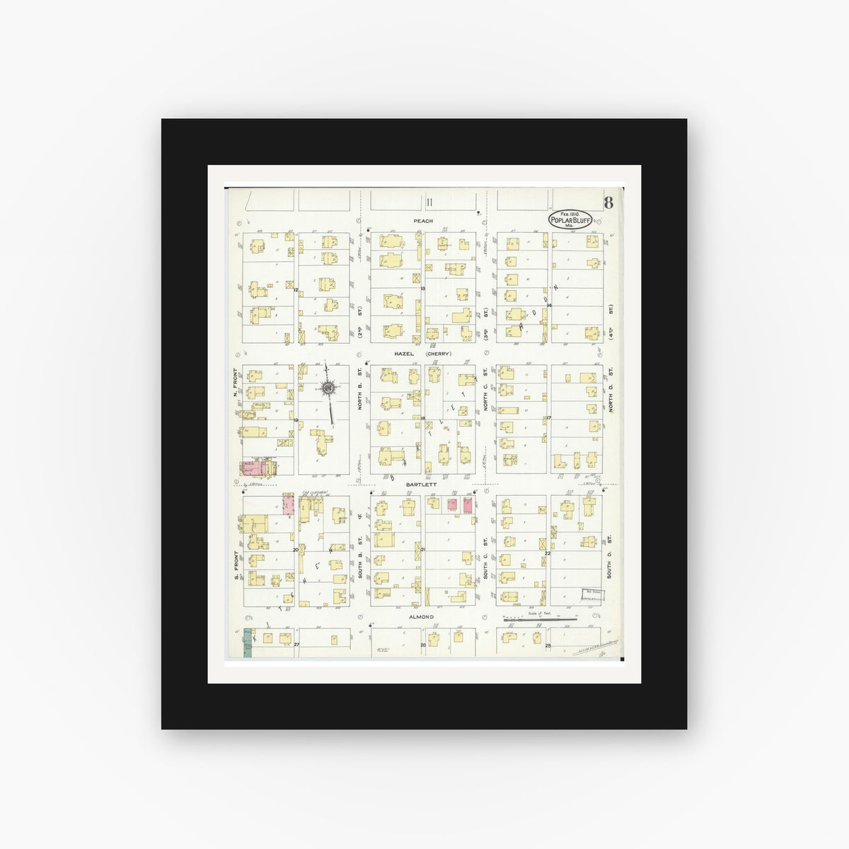 Old map wall art mockup — black gallery frame with white mat — Sanborn Fire Insurance Map from Poplar Bluff, Butler County, Missouri (1910), Sheet #0008