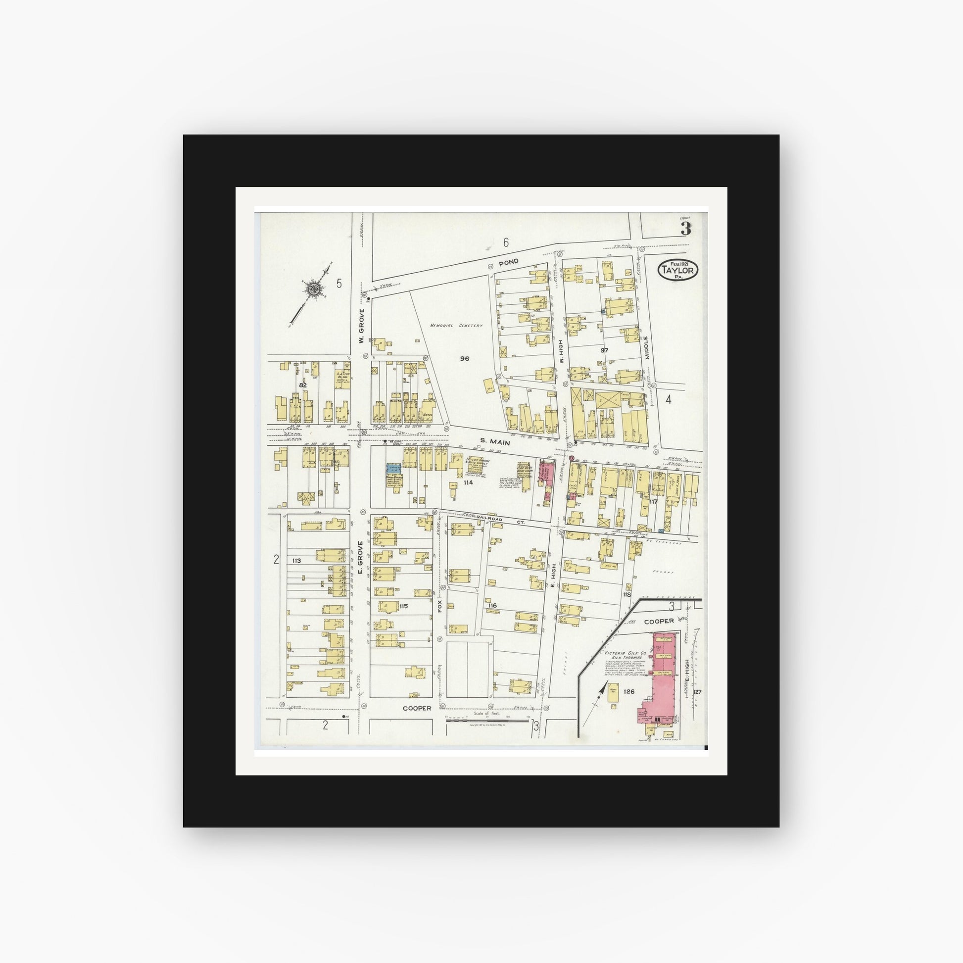 Old map wall art mockup — black gallery frame with white mat — Sanborn Fire Insurance Map from Taylor, Lackawanna County, Pennsylvania (1921), Sheet #0003