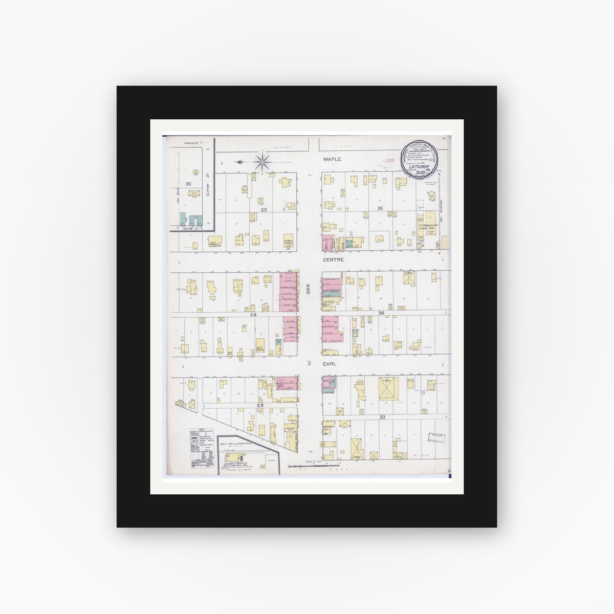 Old map wall art mockup — black gallery frame with white mat — Sanborn Fire Insurance Map from Lathrop, Clinton County, Missouri (1892), Sheet #0001
