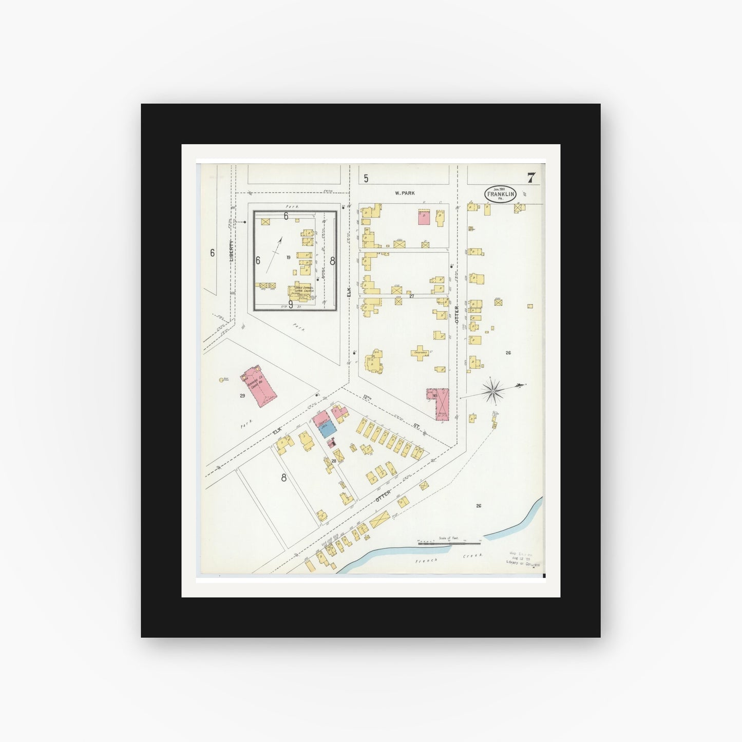 Old map wall art mockup — black gallery frame with white mat — Sanborn Fire Insurance Map from Franklin, Venango County, Pennsylvania (1901), Sheet #0007