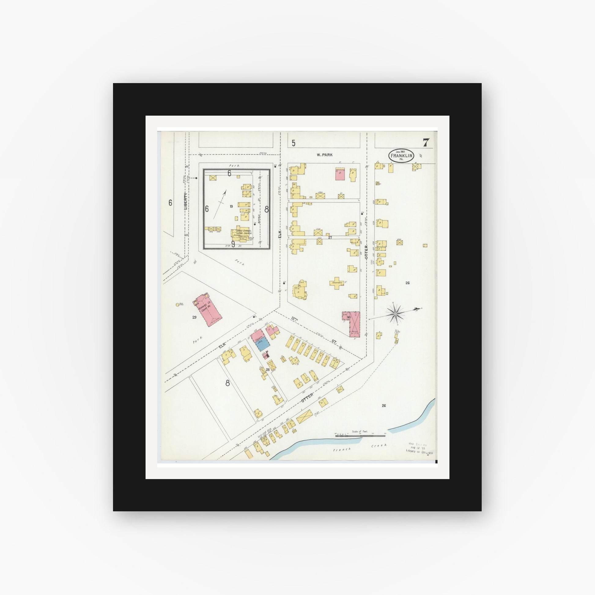 Old map wall art mockup — black gallery frame with white mat — Sanborn Fire Insurance Map from Franklin, Venango County, Pennsylvania (1901), Sheet #0007