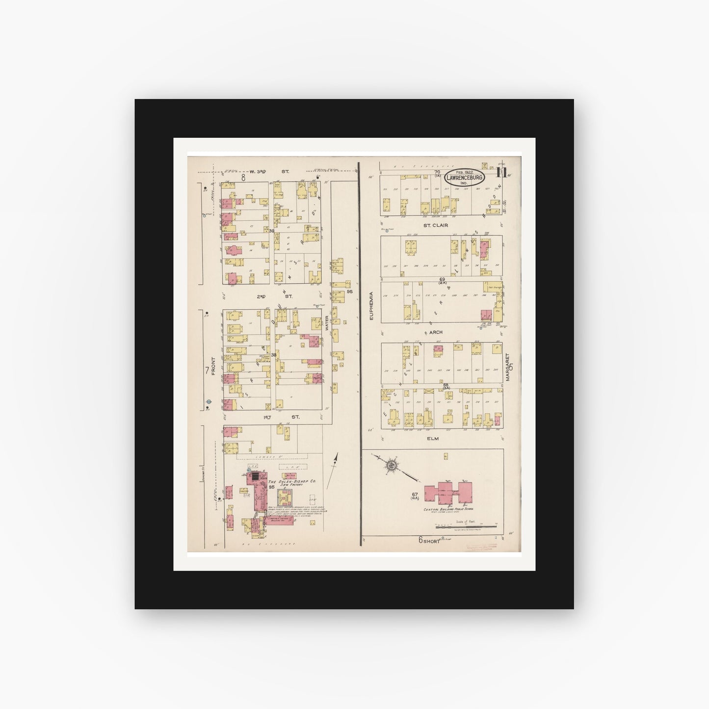 Old map wall art mockup — black gallery frame with white mat — Sanborn Fire Insurance Map from Lawrenceburg, Dearborn County, Indiana (1922), Sheet #0011