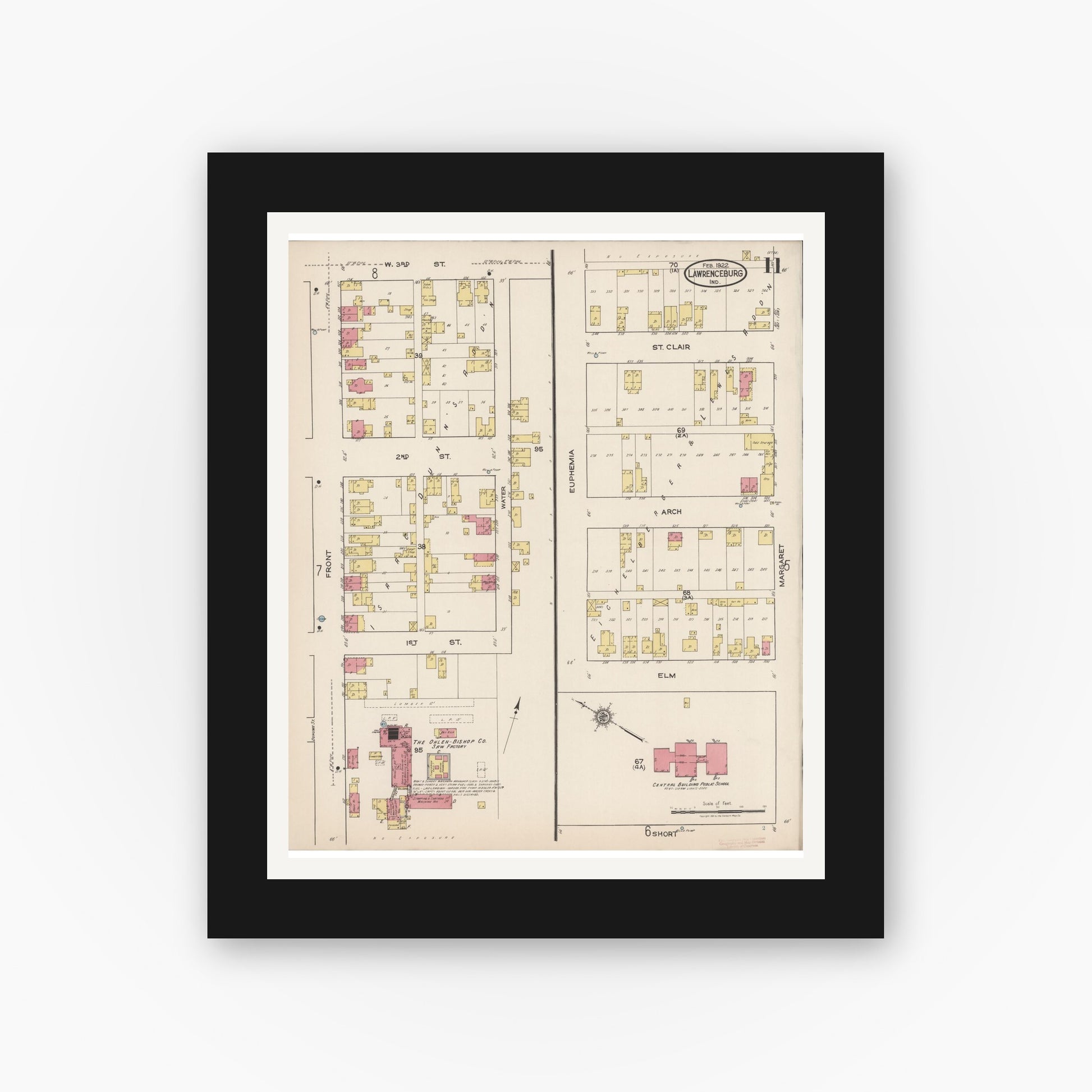 Old map wall art mockup — black gallery frame with white mat — Sanborn Fire Insurance Map from Lawrenceburg, Dearborn County, Indiana (1922), Sheet #0011
