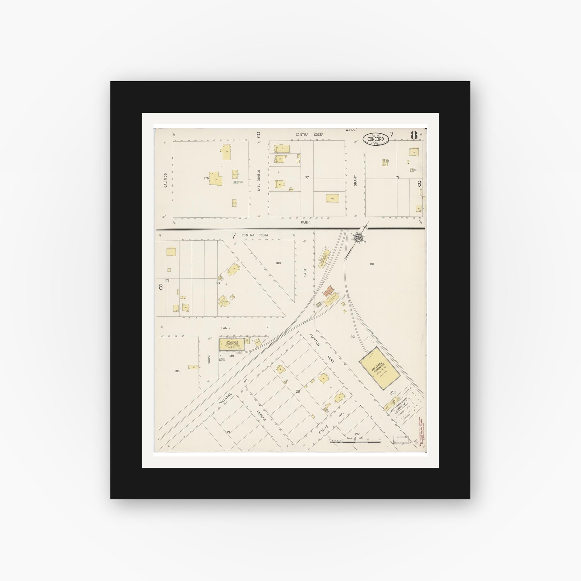 Old map wall art mockup — black gallery frame with white mat — Sanborn Fire Insurance Map from Concord, Contra Costa County, California (1917), Sheet #0008
