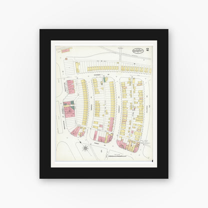 Old map wall art mockup — black gallery frame with white mat — Sanborn Fire Insurance Map from Vandergrift, Westmoreland County, Pennsylvania (1909), Sheet #0002