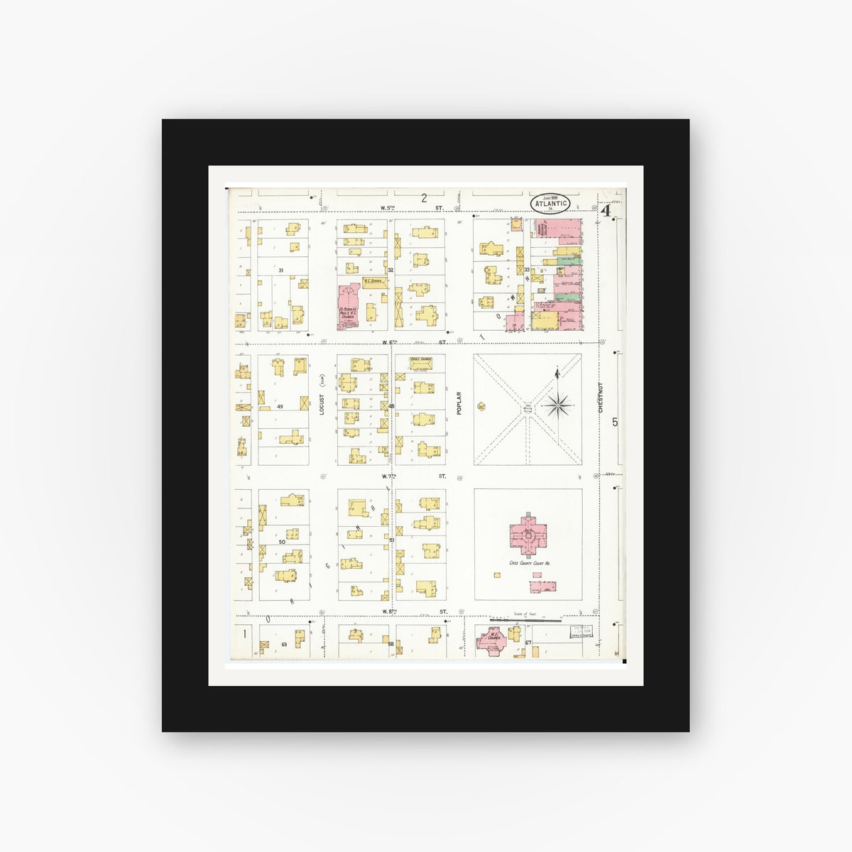 Old map wall art mockup — black gallery frame with white mat — Sanborn Fire Insurance Map from Atlantic, Cass County, Iowa (1899), Sheet #0004