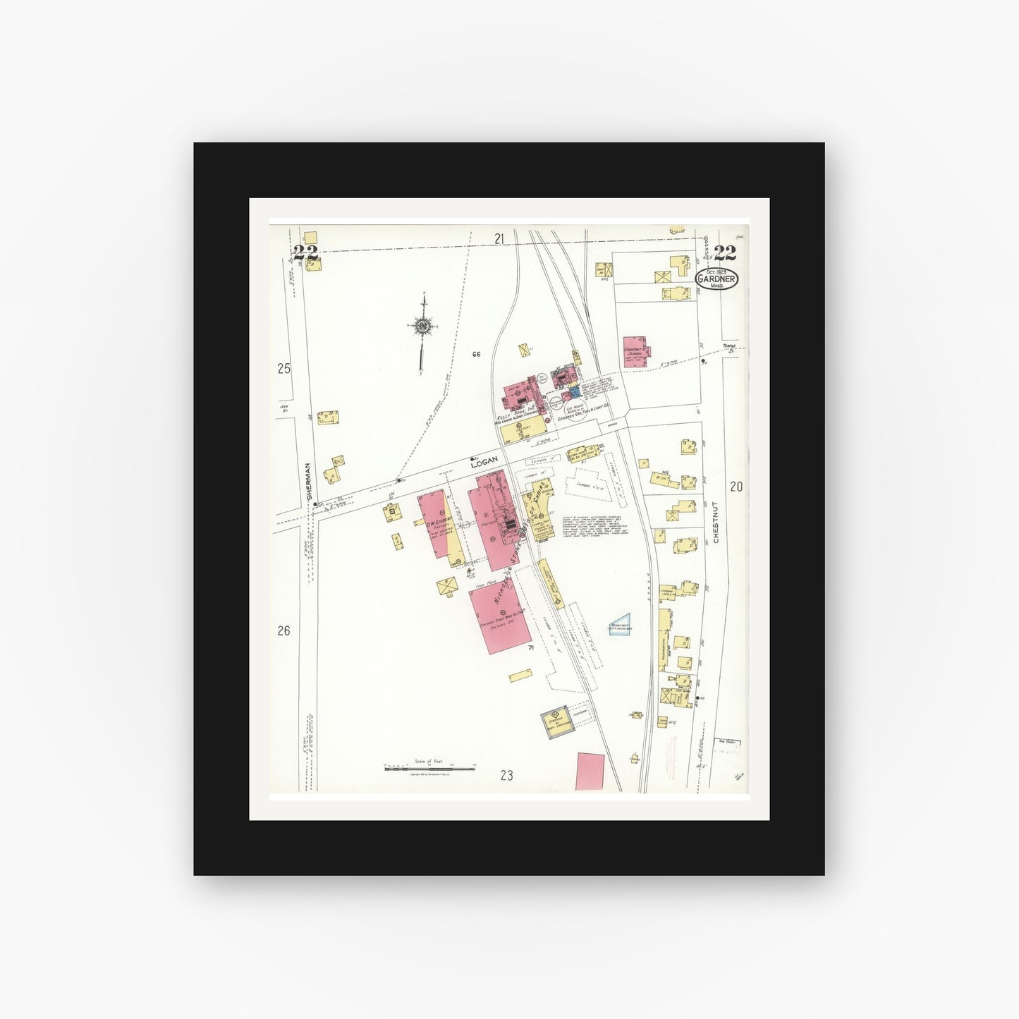 Old map wall art mockup — black gallery frame with white mat — Sanborn Fire Insurance Map from Gardner, Worcester County, Massachusetts (1923), Sheet #0022