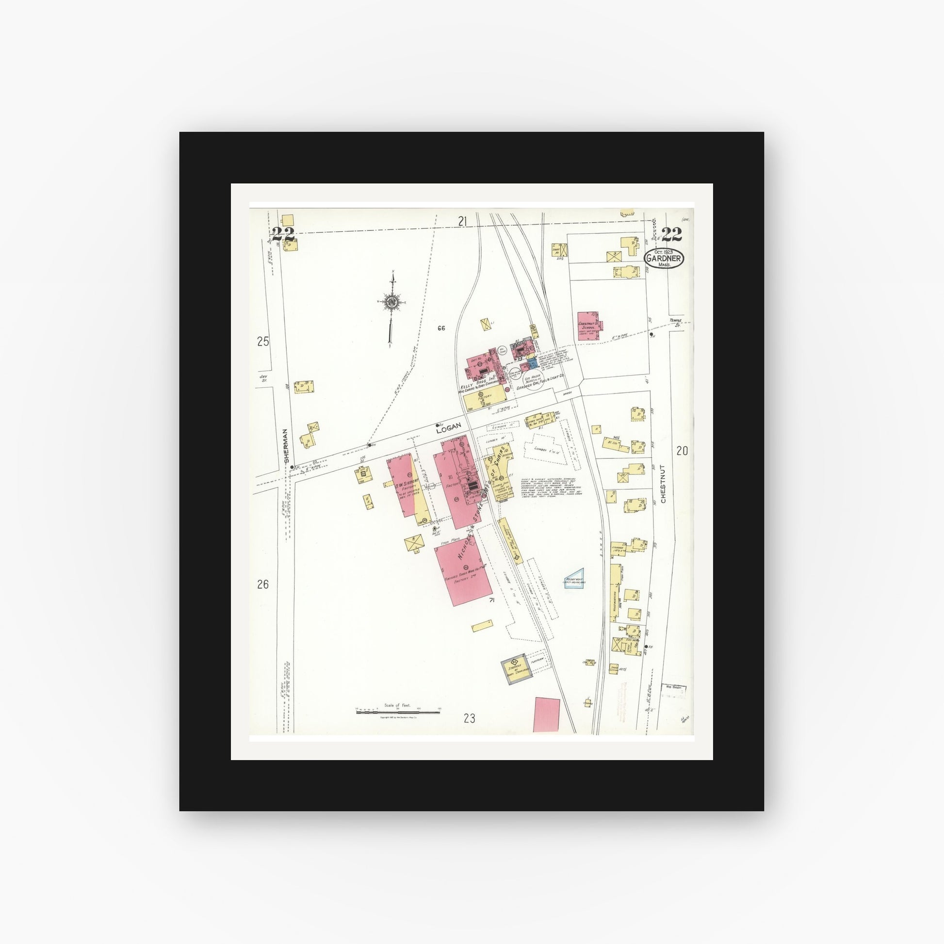 Old map wall art mockup — black gallery frame with white mat — Sanborn Fire Insurance Map from Gardner, Worcester County, Massachusetts (1923), Sheet #0022