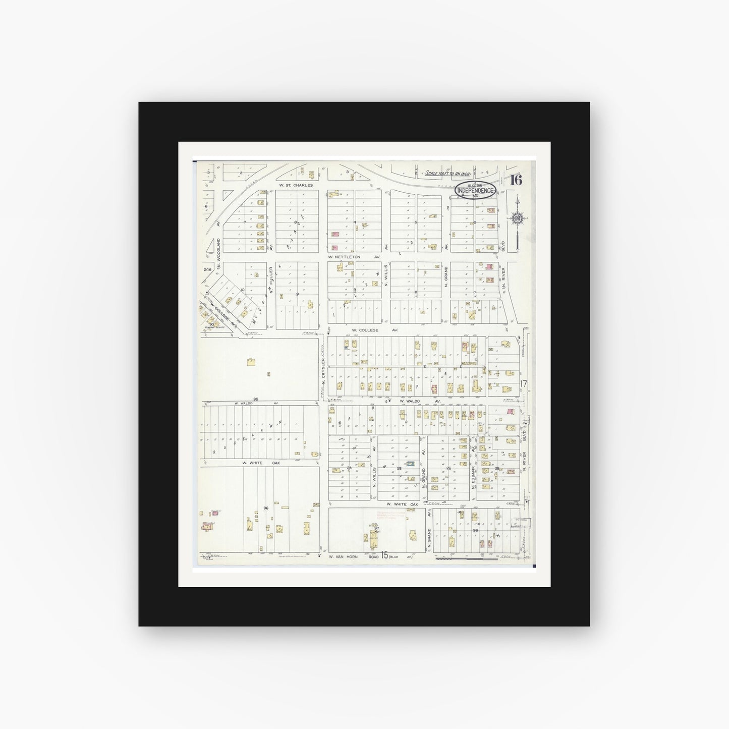 Old map wall art mockup — black gallery frame with white mat — Sanborn Fire Insurance Map from Independence, Jackson County, Missouri (1916), Sheet #0016