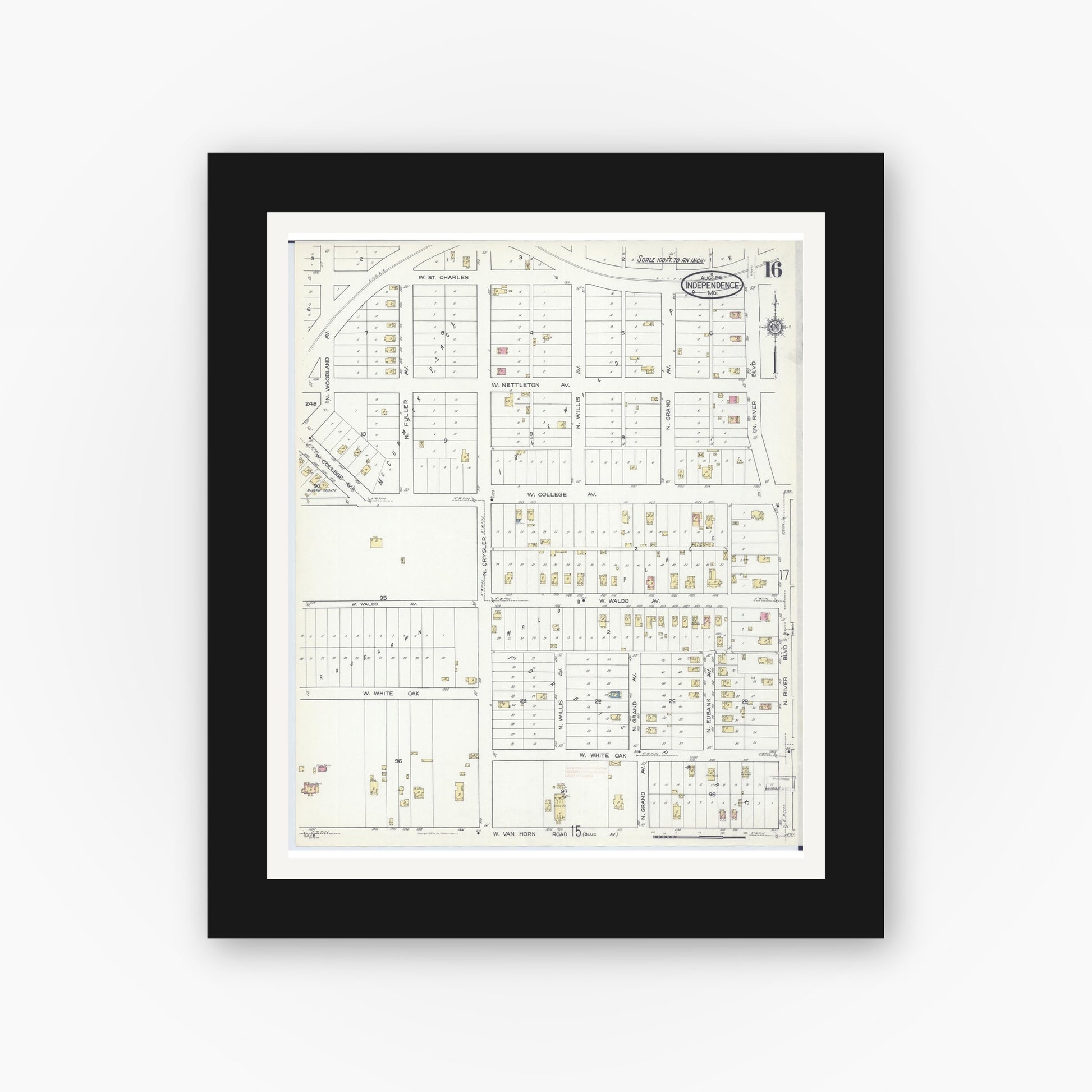 Old map wall art mockup — black gallery frame with white mat — Sanborn Fire Insurance Map from Independence, Jackson County, Missouri (1916), Sheet #0016