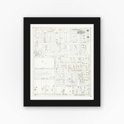 Old map wall art mockup — black gallery frame with white mat — Sanborn Fire Insurance Map from Independence, Jackson County, Missouri (1916), Sheet #0016