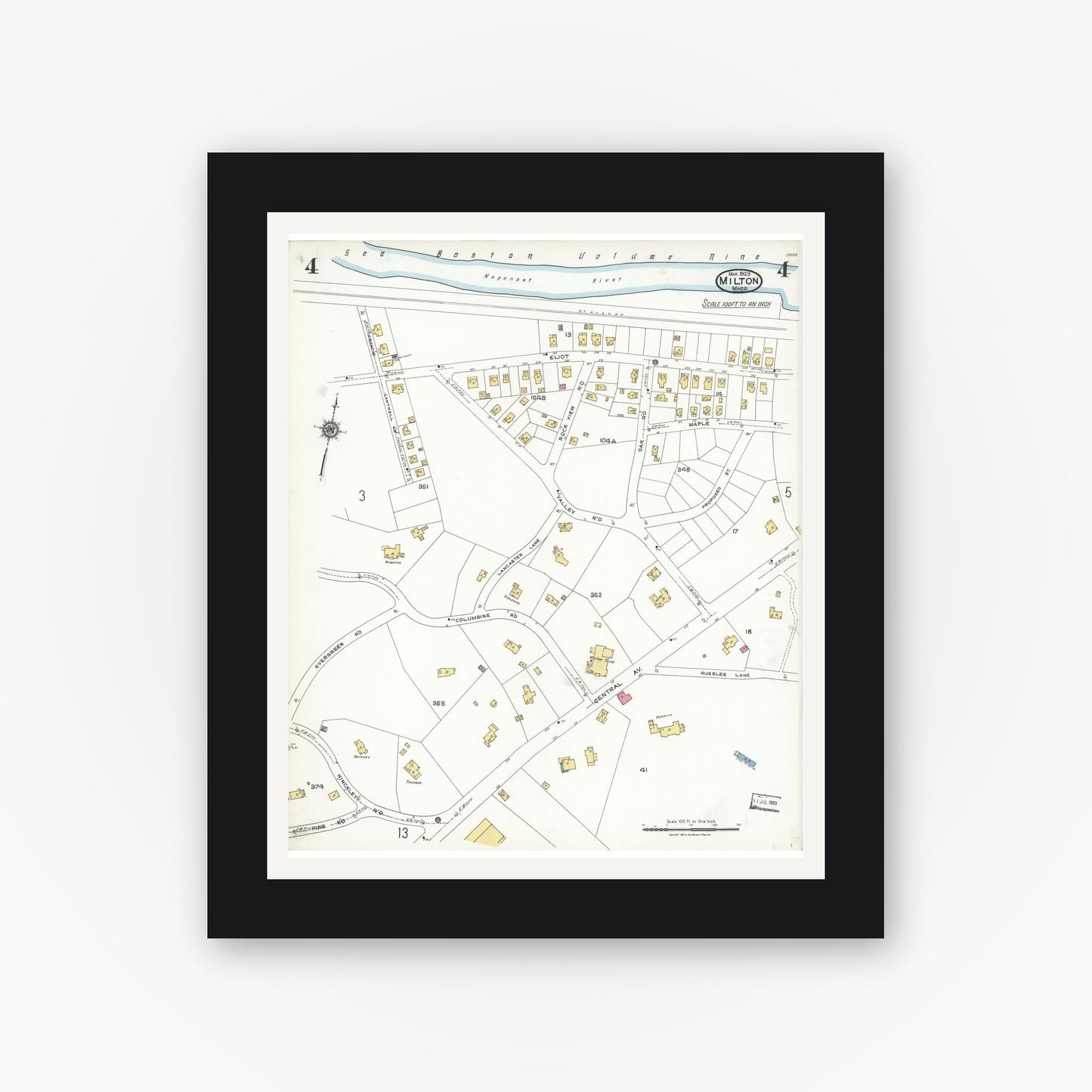 Old map wall art mockup — black gallery frame with white mat — Sanborn Fire Insurance Map from Milton, Norfolk County, Massachusetts (1923), Sheet #0004