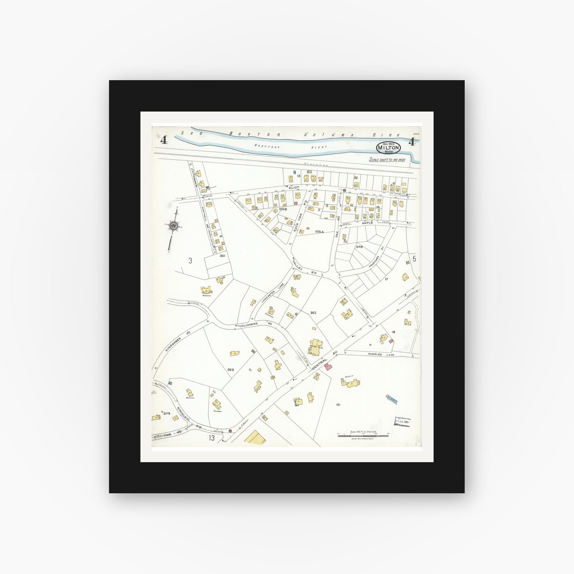 Old map wall art mockup — black gallery frame with white mat — Sanborn Fire Insurance Map from Milton, Norfolk County, Massachusetts (1923), Sheet #0004