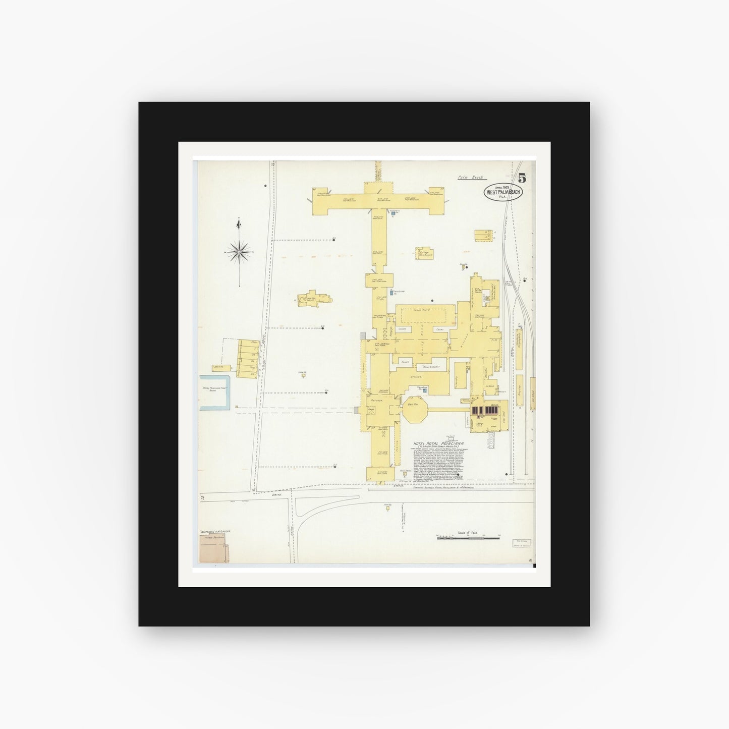 Old map wall art mockup — black gallery frame with white mat — Sanborn Fire Insurance Map from West Palm Beach, Dade County, Florida (1903), Sheet #0005
