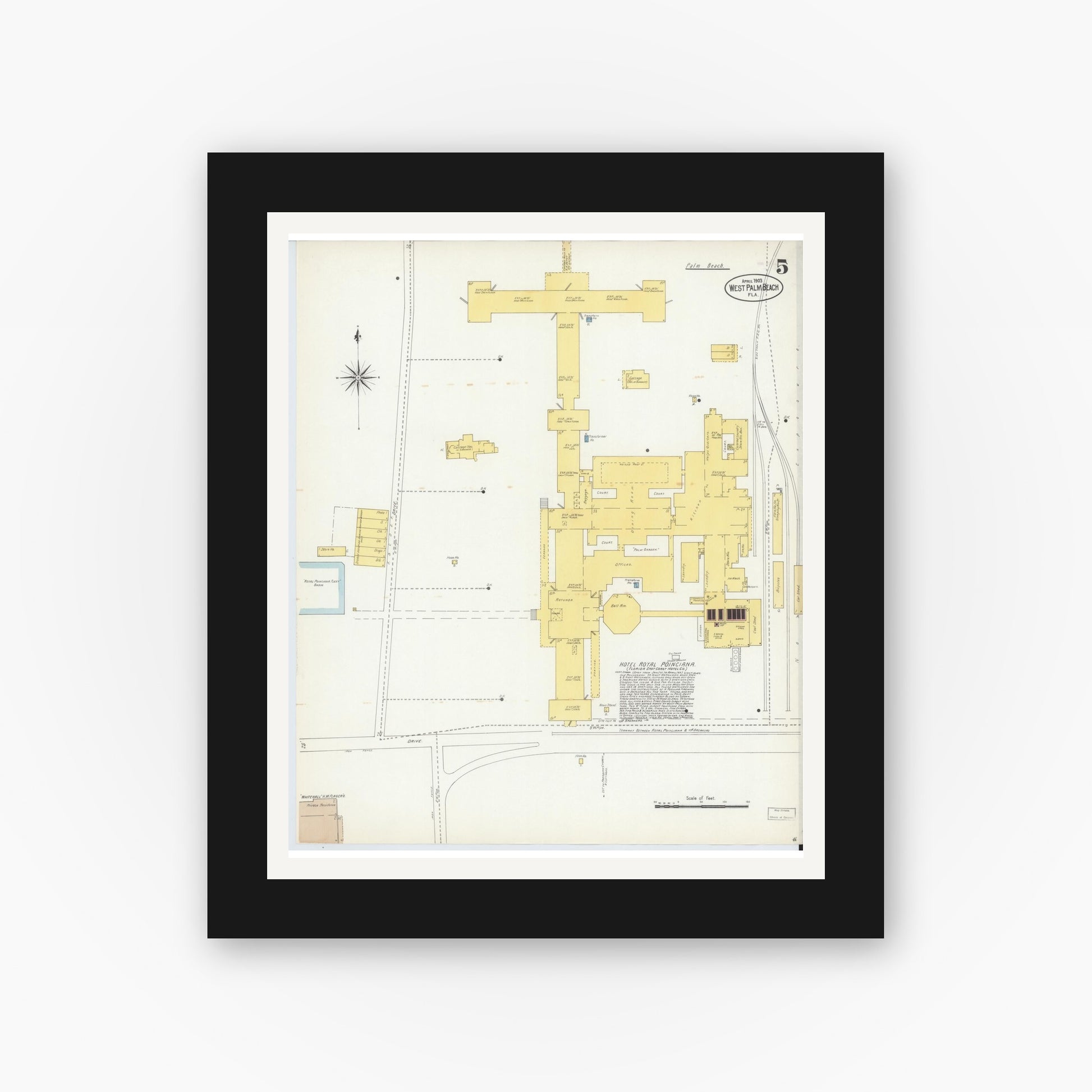 Old map wall art mockup — black gallery frame with white mat — Sanborn Fire Insurance Map from West Palm Beach, Dade County, Florida (1903), Sheet #0005
