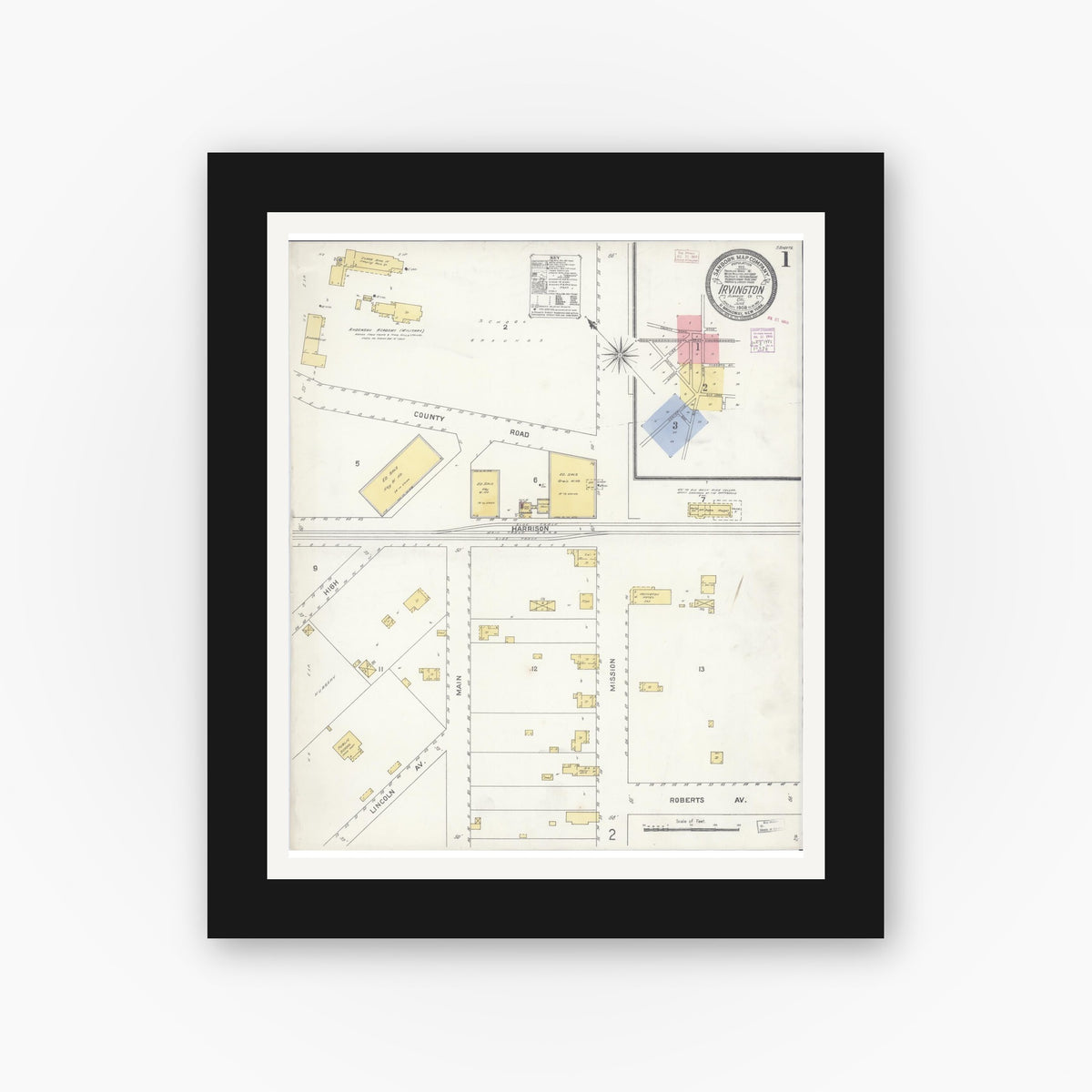 Old map wall art mockup — black gallery frame with white mat — Sanborn Fire Insurance Map from Irvington, Alameda County, California (1908), Sheet #0001