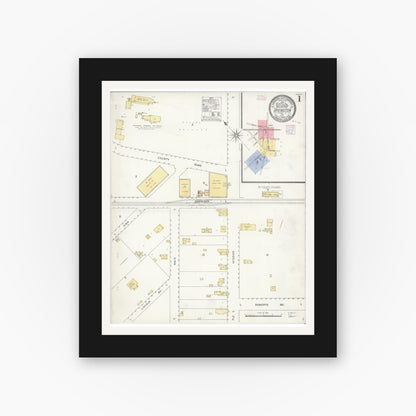 Old map wall art mockup — black gallery frame with white mat — Sanborn Fire Insurance Map from Irvington, Alameda County, California (1908), Sheet #0001