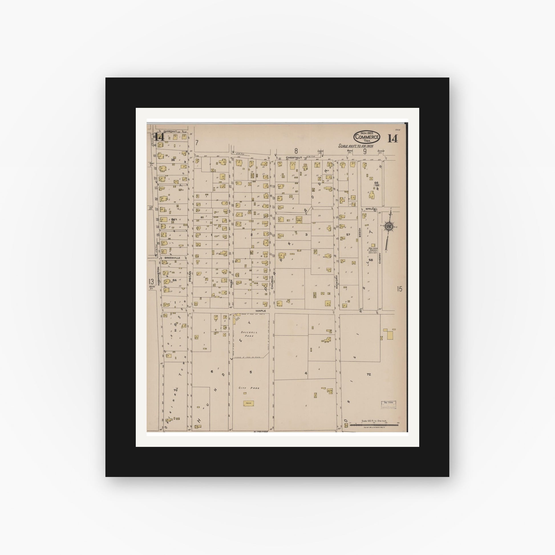 Old map wall art mockup — black gallery frame with white mat — Sanborn Fire Insurance Map from Commerce, Hunt County, Texas (1922), Sheet #0014