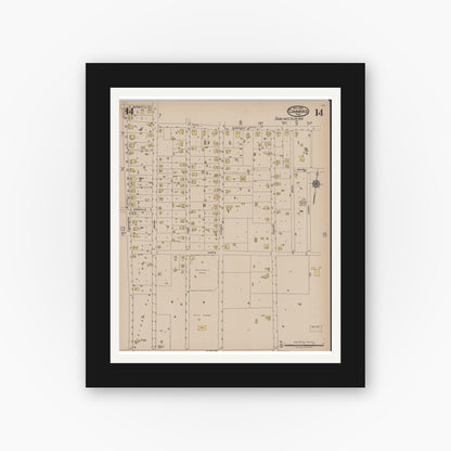 Old map wall art mockup — black gallery frame with white mat — Sanborn Fire Insurance Map from Commerce, Hunt County, Texas (1922), Sheet #0014