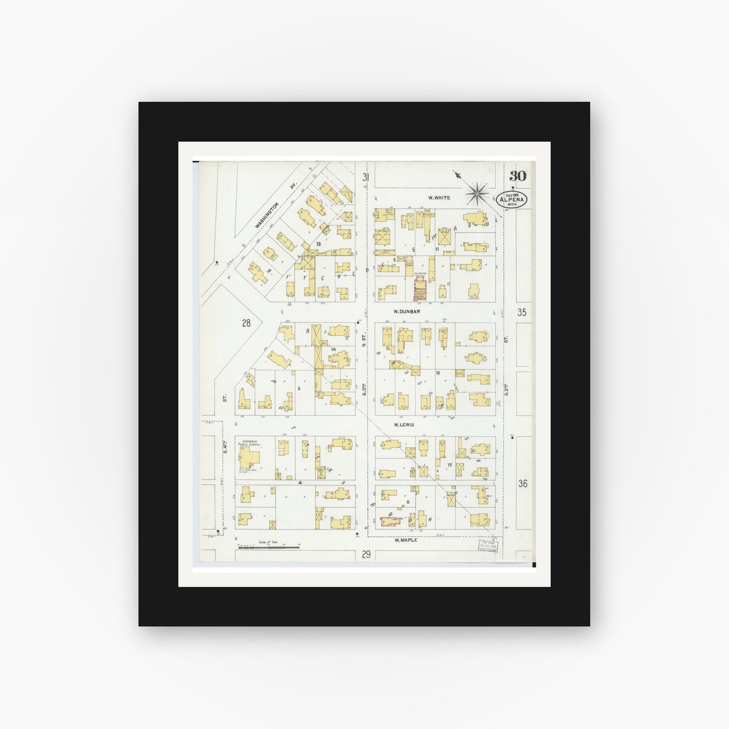 Old map wall art mockup — black gallery frame with white mat — Sanborn Fire Insurance Map from Alpena, Alpena County, Michigan (1901), Sheet #0030
