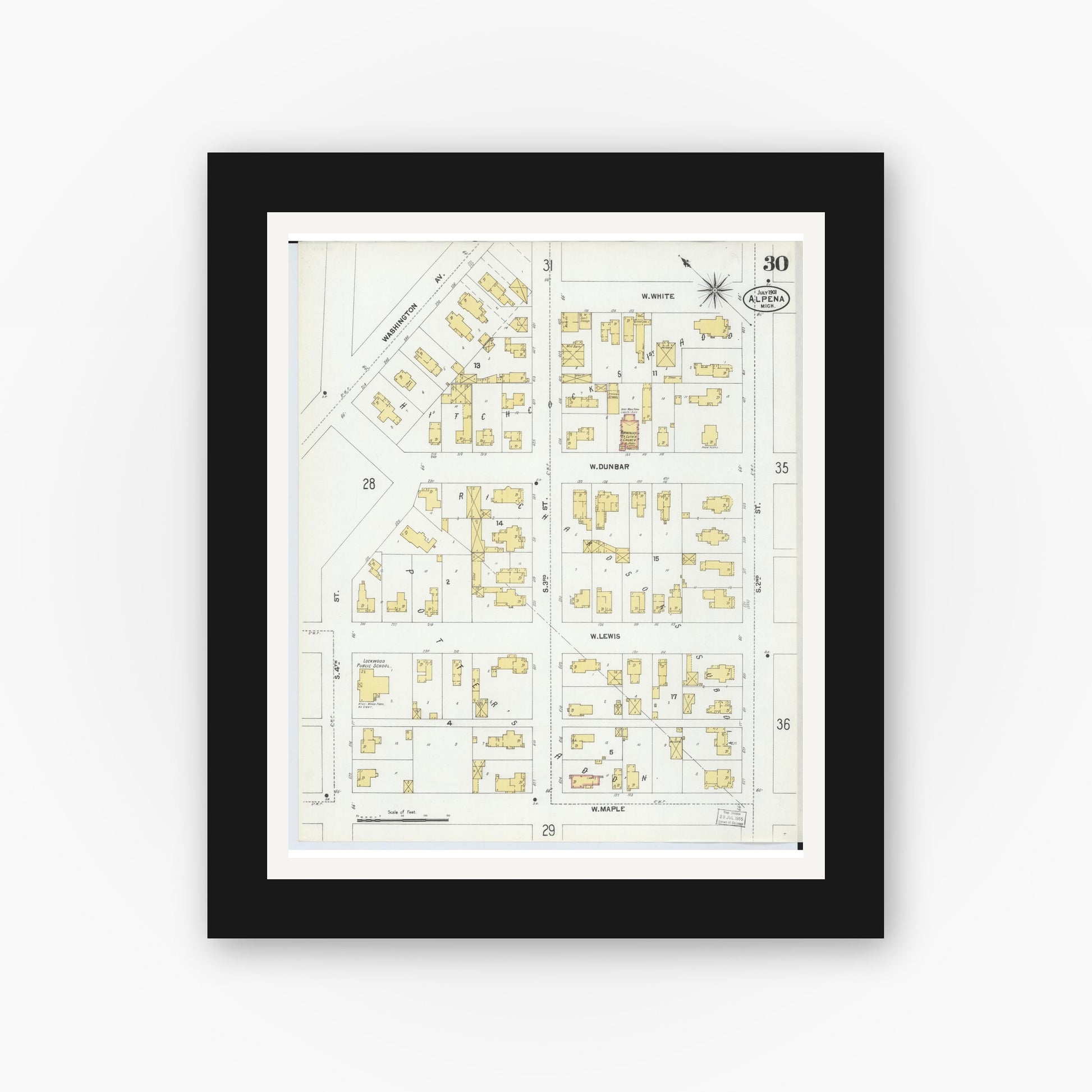 Old map wall art mockup — black gallery frame with white mat — Sanborn Fire Insurance Map from Alpena, Alpena County, Michigan (1901), Sheet #0030