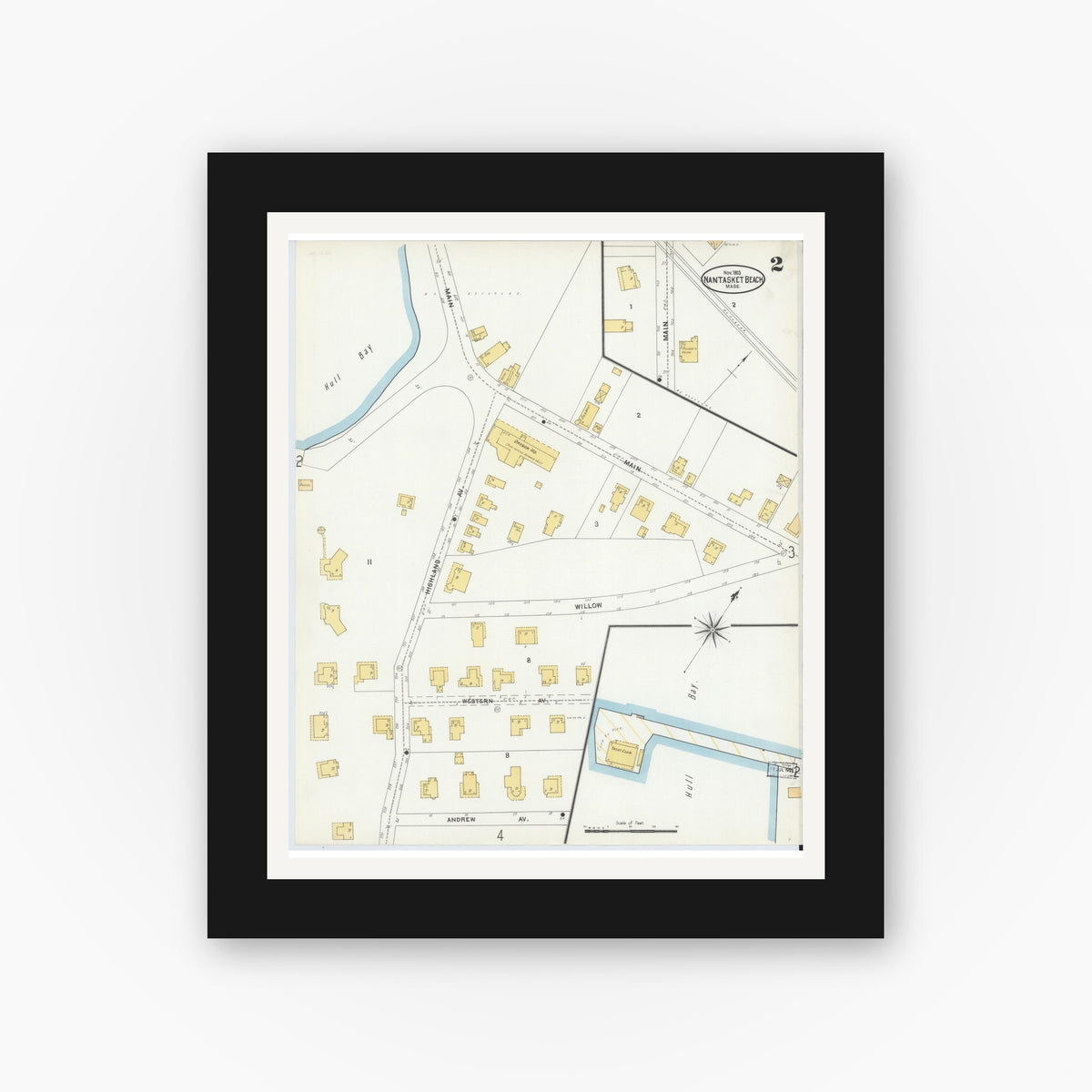 Old map wall art mockup — black gallery frame with white mat — Sanborn Fire Insurance Map from Nantasket Beach, Plymouth County, Massachusetts (1903), Sheet #0002