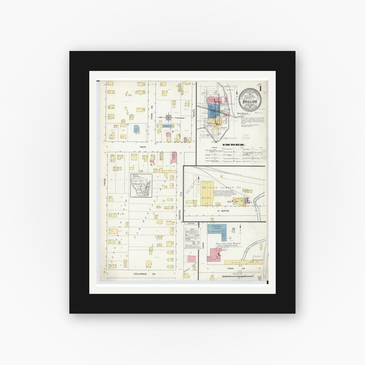 Old map wall art mockup — black gallery frame with white mat — Sanborn Fire Insurance Map from Brillion, Calumet County, Wisconsin (1913) - Complete Map Set
