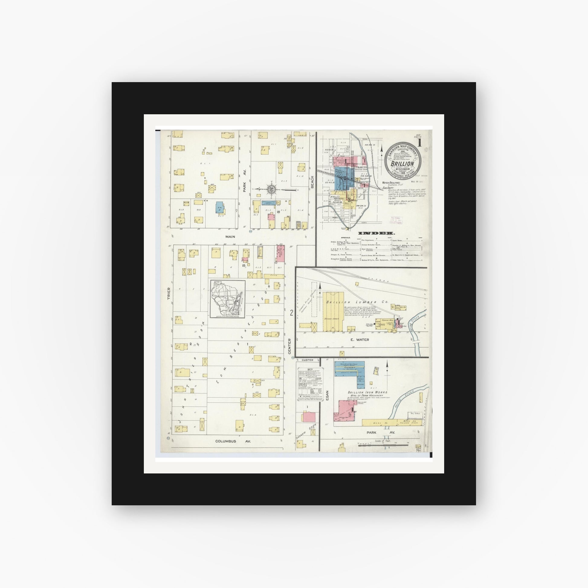 Old map wall art mockup — black gallery frame with white mat — Sanborn Fire Insurance Map from Brillion, Calumet County, Wisconsin (1913) - Complete Map Set