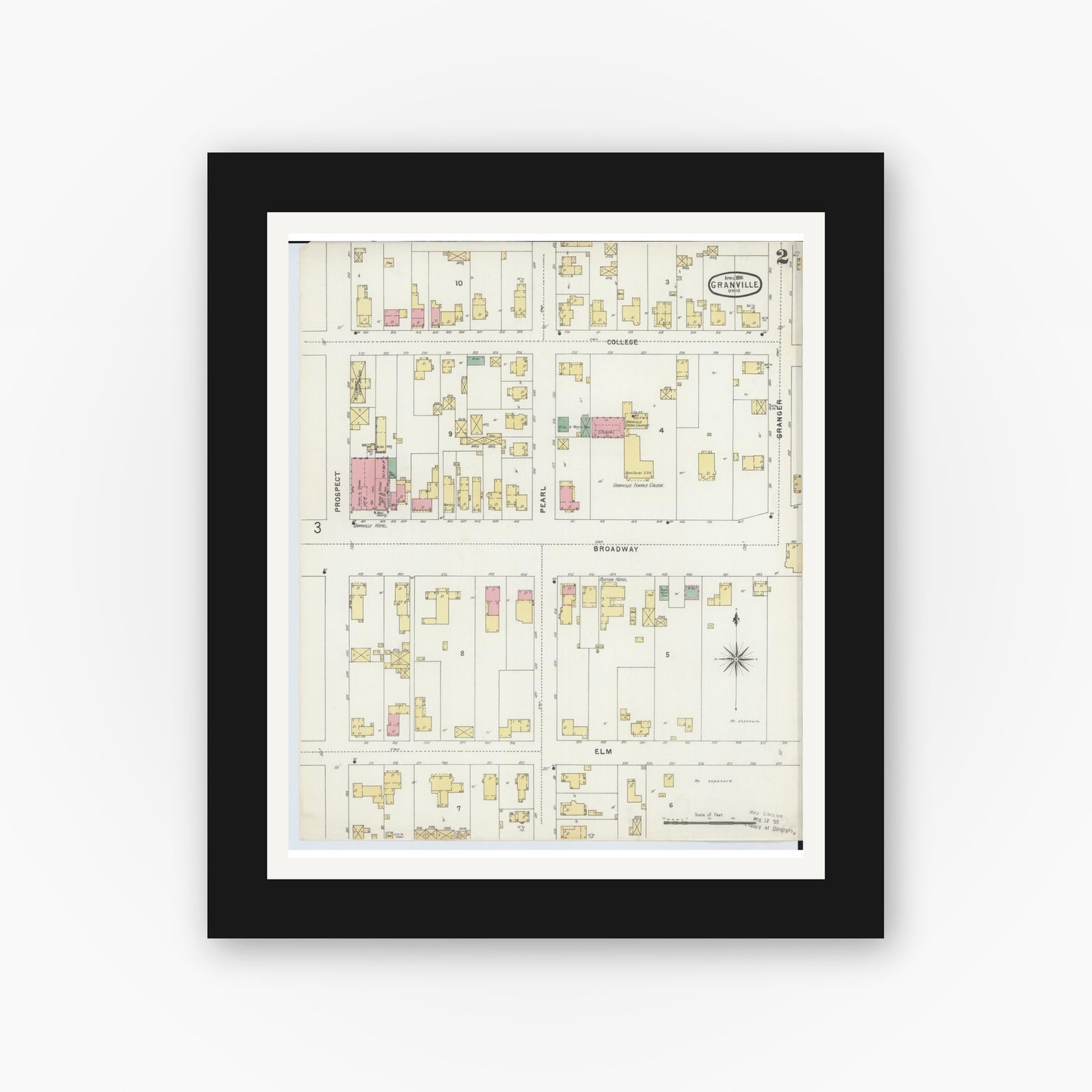 Old map wall art mockup — black gallery frame with white mat — Sanborn Fire Insurance Map from Granville, Licking County, Ohio (1896), Sheet #0002