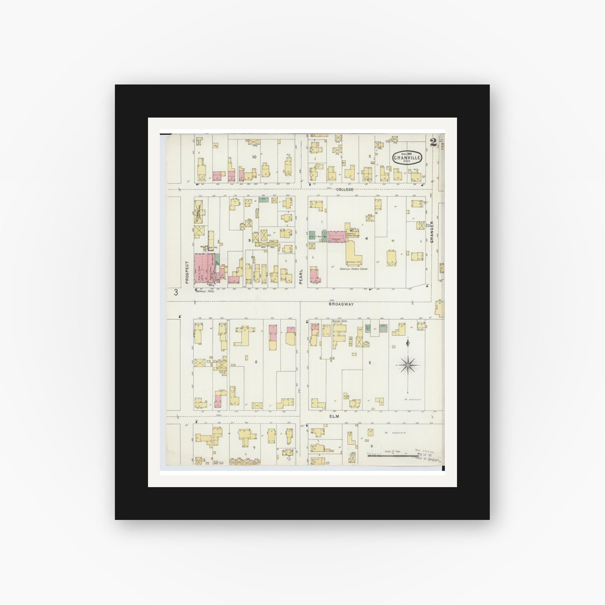 Old map wall art mockup — black gallery frame with white mat — Sanborn Fire Insurance Map from Granville, Licking County, Ohio (1896), Sheet #0002