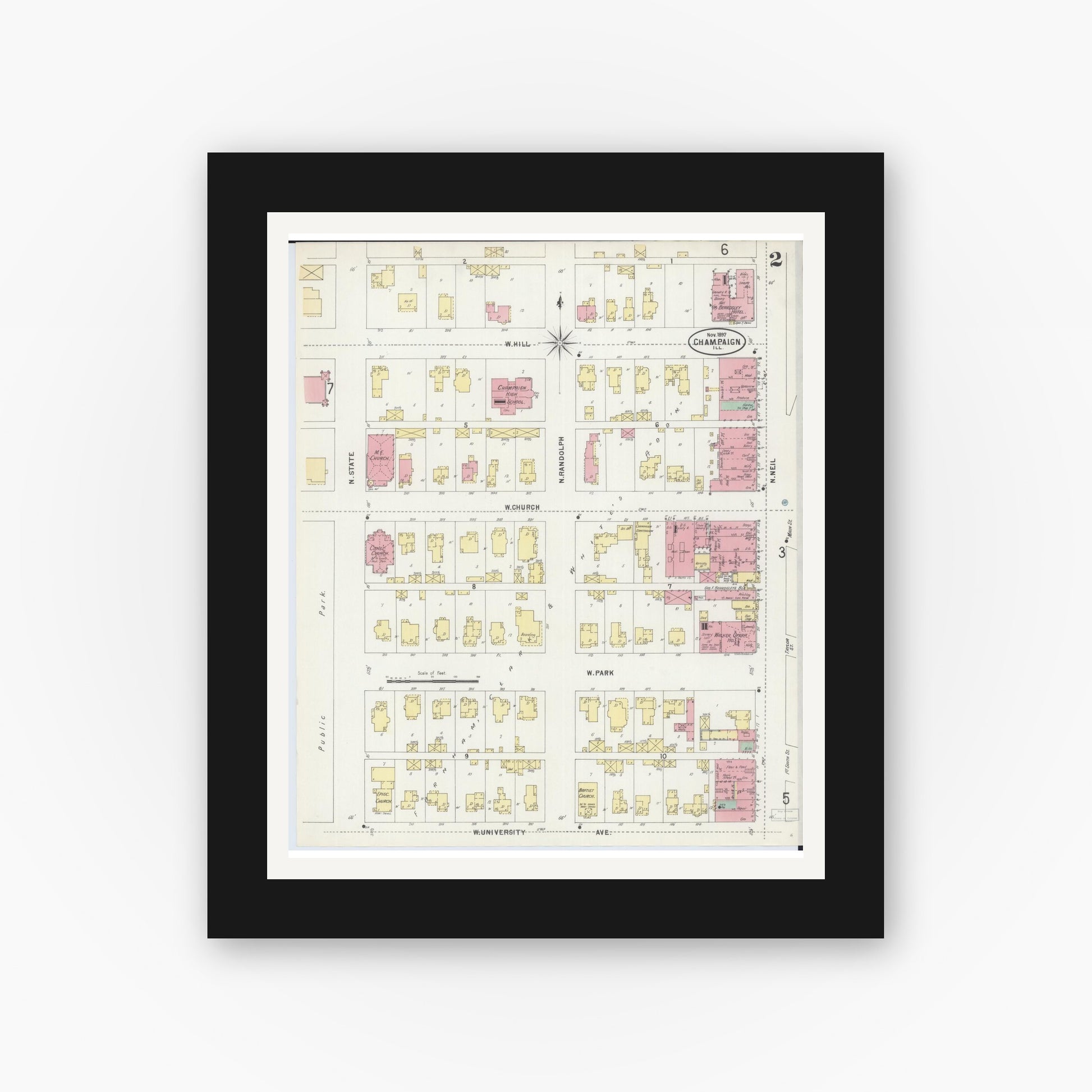 Old map wall art mockup — black gallery frame with white mat — Sanborn Fire Insurance Map from Champaign, Champaign County, Illinois (1897), Sheet #0002