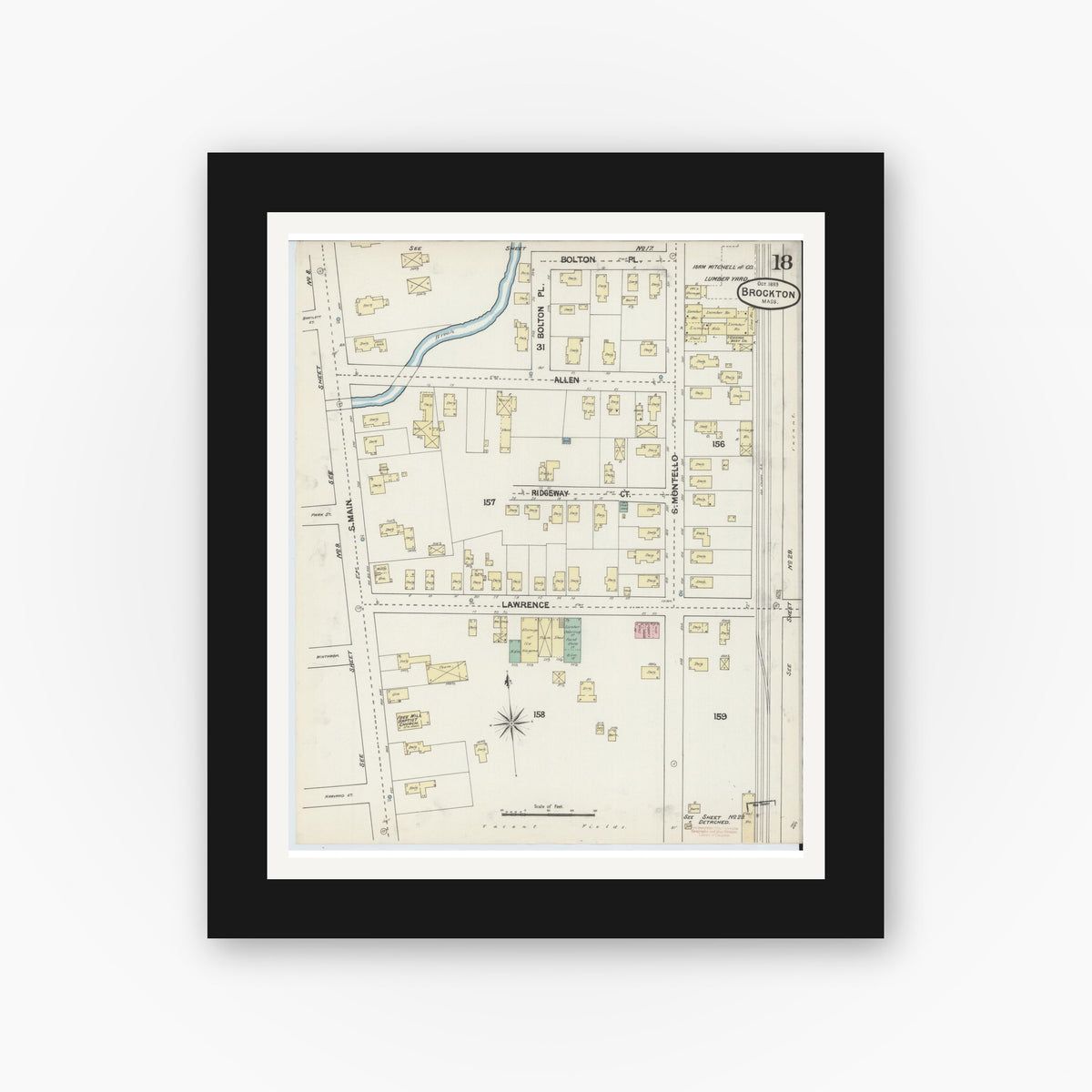 Old map wall art mockup — black gallery frame with white mat — Sanborn Fire Insurance Map from Brockton, Plymouth County, Massachusetts (1889), Sheet #0018