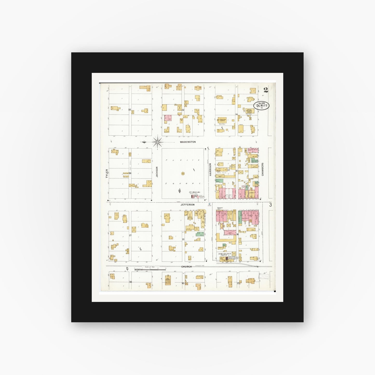 Old map wall art mockup — black gallery frame with white mat — Sanborn Fire Insurance Map from De Witt, Clinton County, Iowa (1899), Sheet #0002